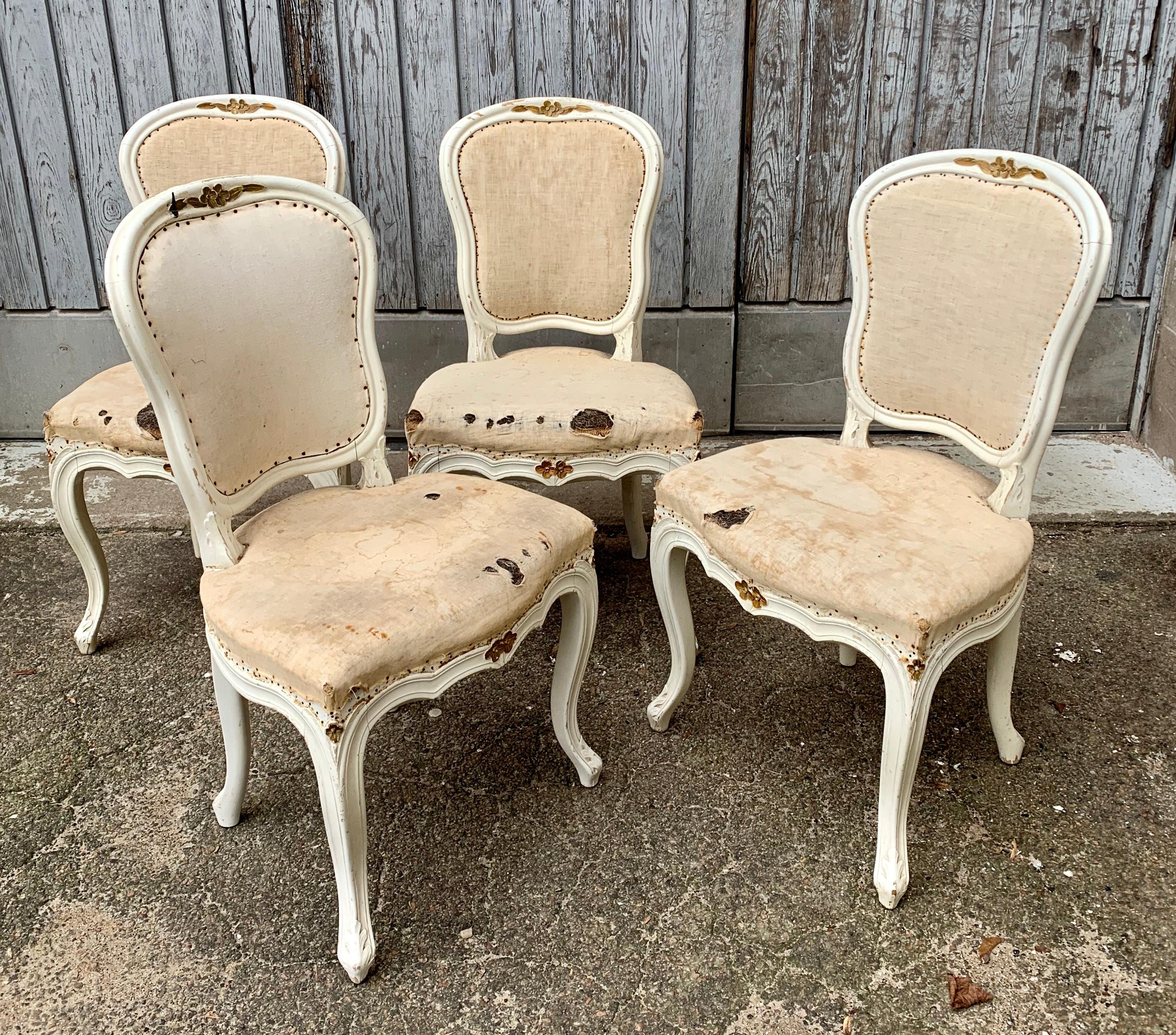 Set of 4 Swedish White Painted 19th Century Rococo Style Chairs 2