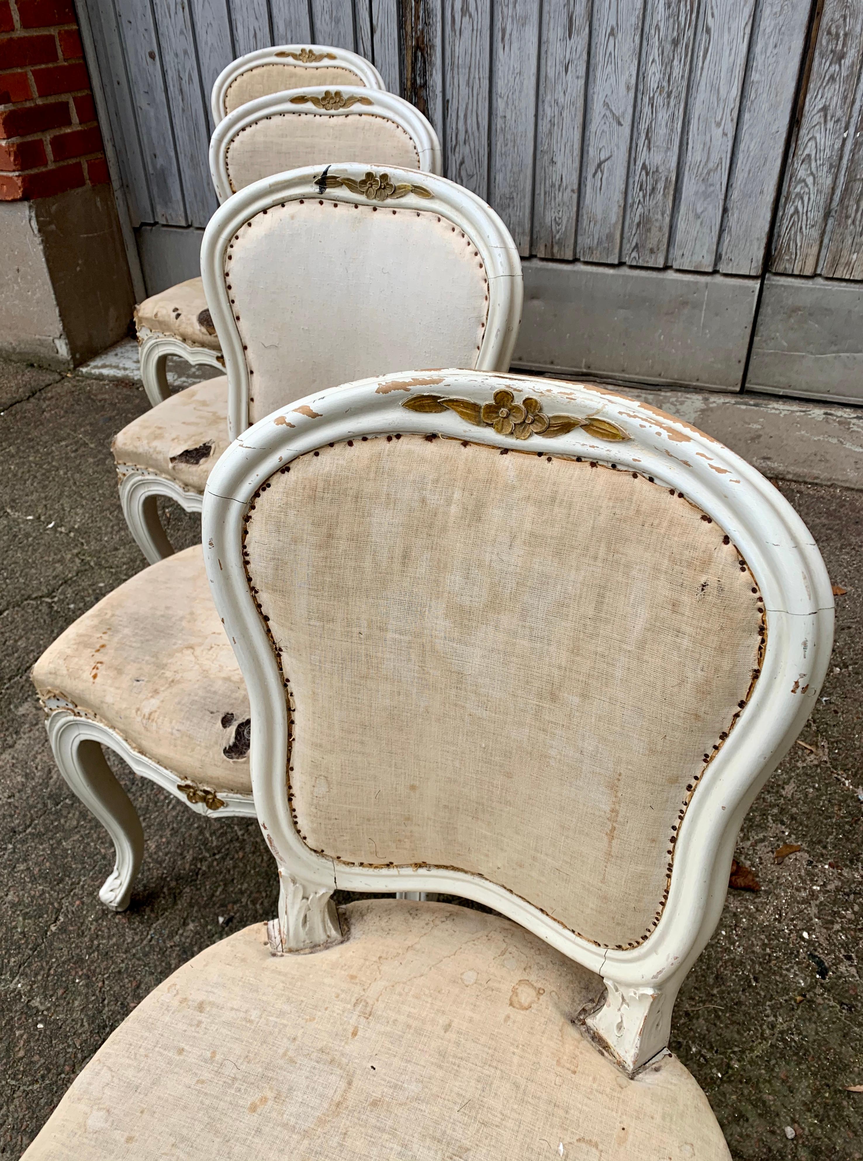 Set of 4 Swedish White Painted 19th Century Rococo Style Chairs 3