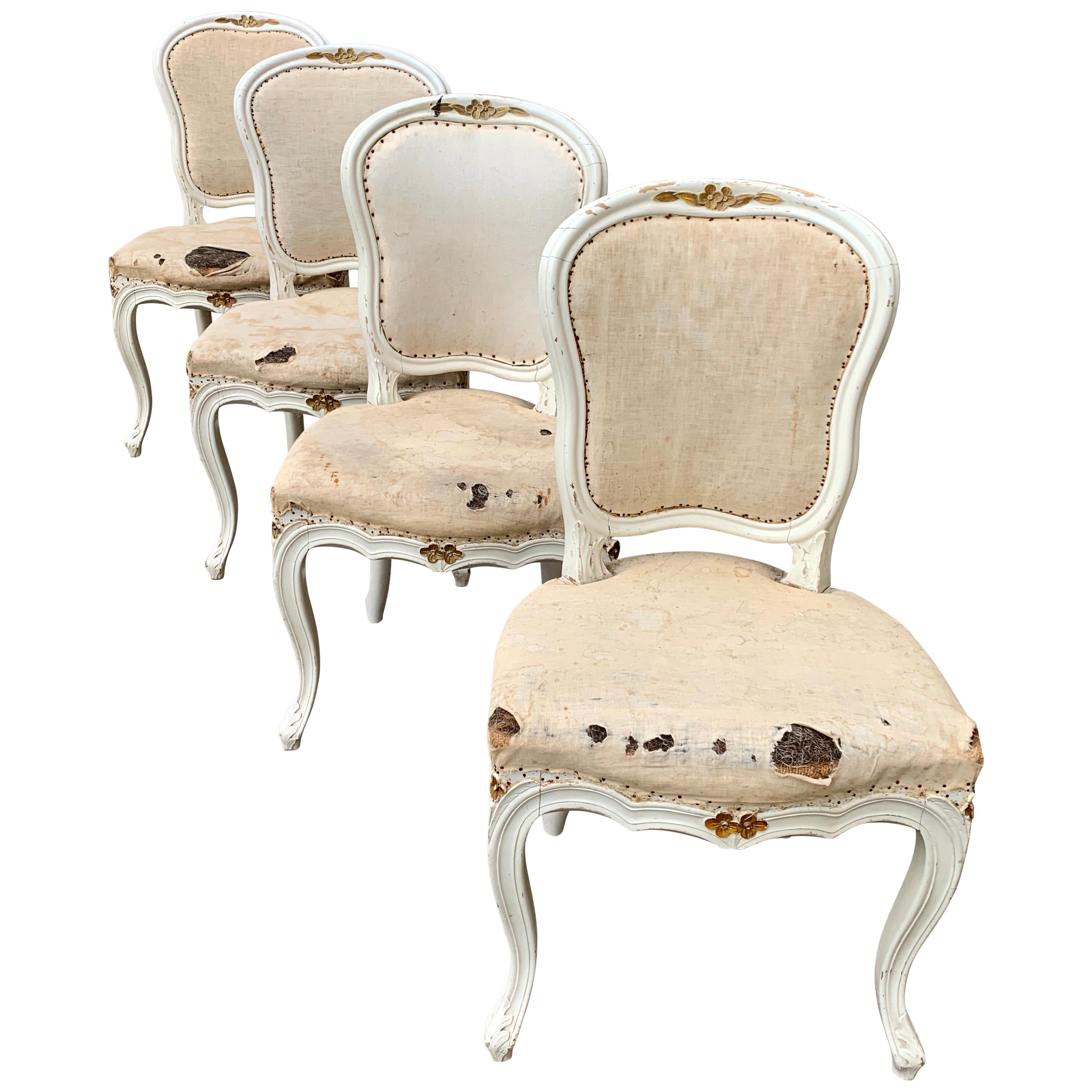 Set of 4 Swedish White Painted 19th Century Rococo Style Chairs
