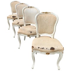 Antique Set of 4 Swedish White Painted 19th Century Rococo Style Chairs