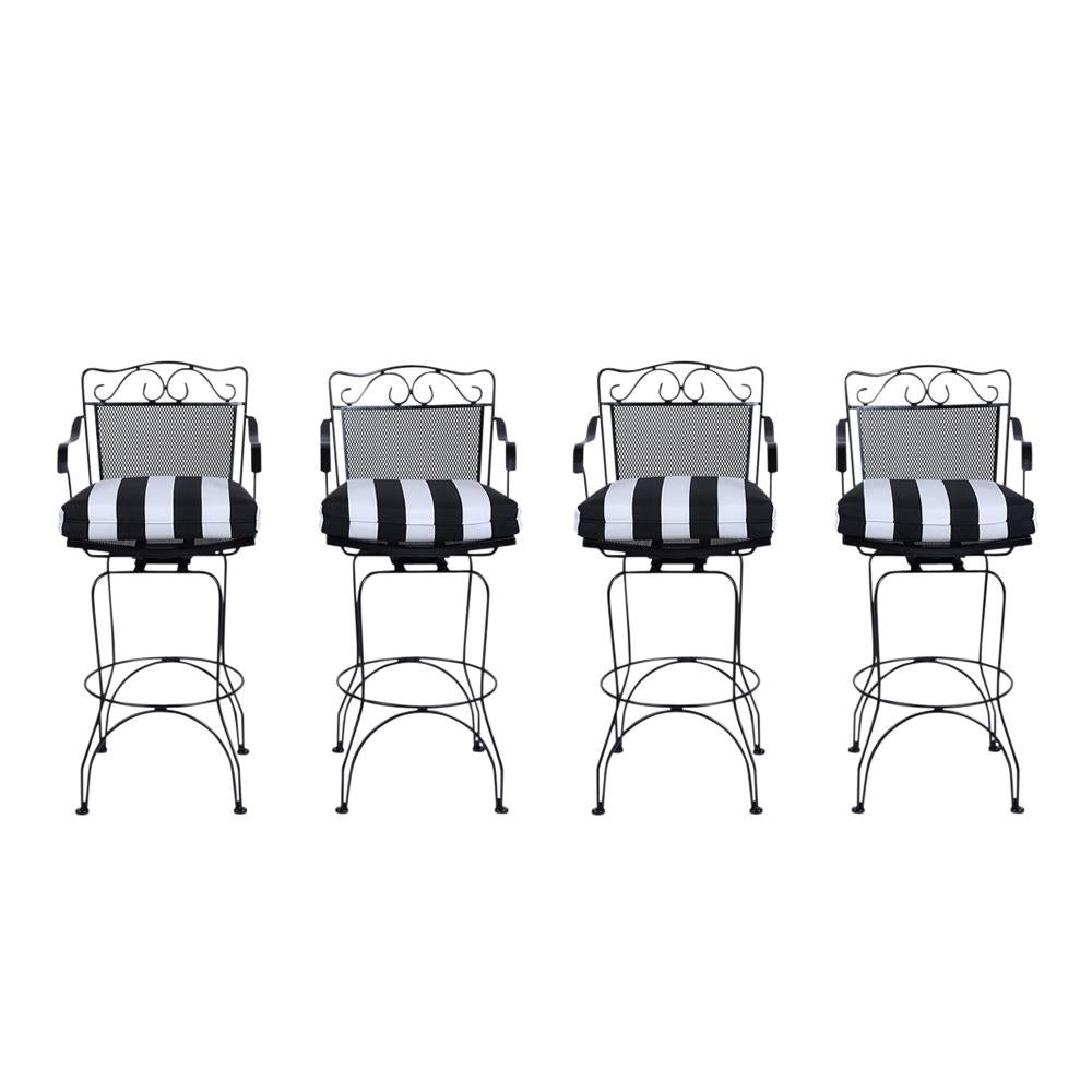 Immerse in the charm of vintage aesthetics with this set of four extraordinary swivel bar stools. These stools are skillfully crafted out of iron and are newly painted in a sleek black finish. Each stool features a supportive low backrest and newly