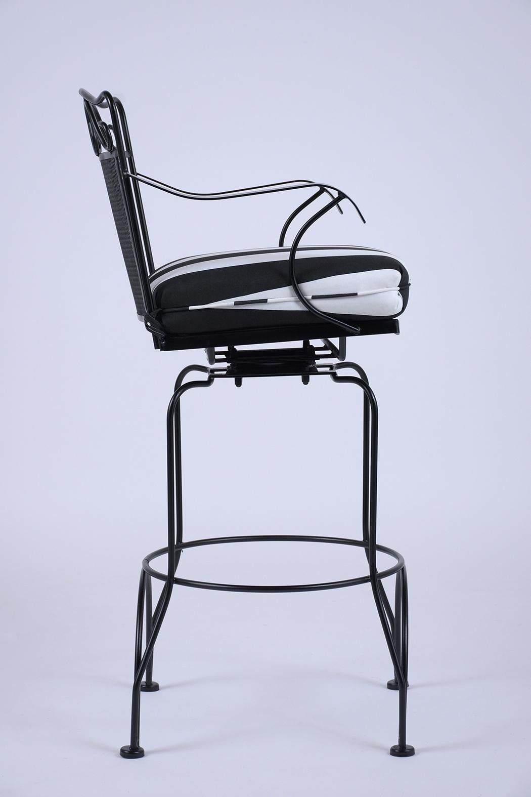 Hand-Crafted Set of Four Vintage 1960s Black Iron Patio Swivel Bar Stools