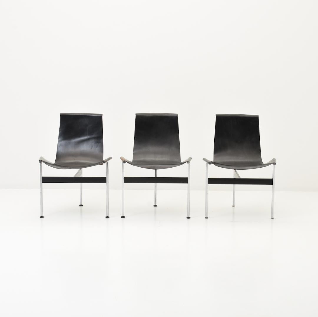 Set of 4 T-chairs 3LC in black leather by Douglas Kelly, Ross Littell & William Katavolos. Plus two single chairs also available. Black leather cut over t-shaped chrome steel frames. The chair is part of the design collection of museums as MOMA, the