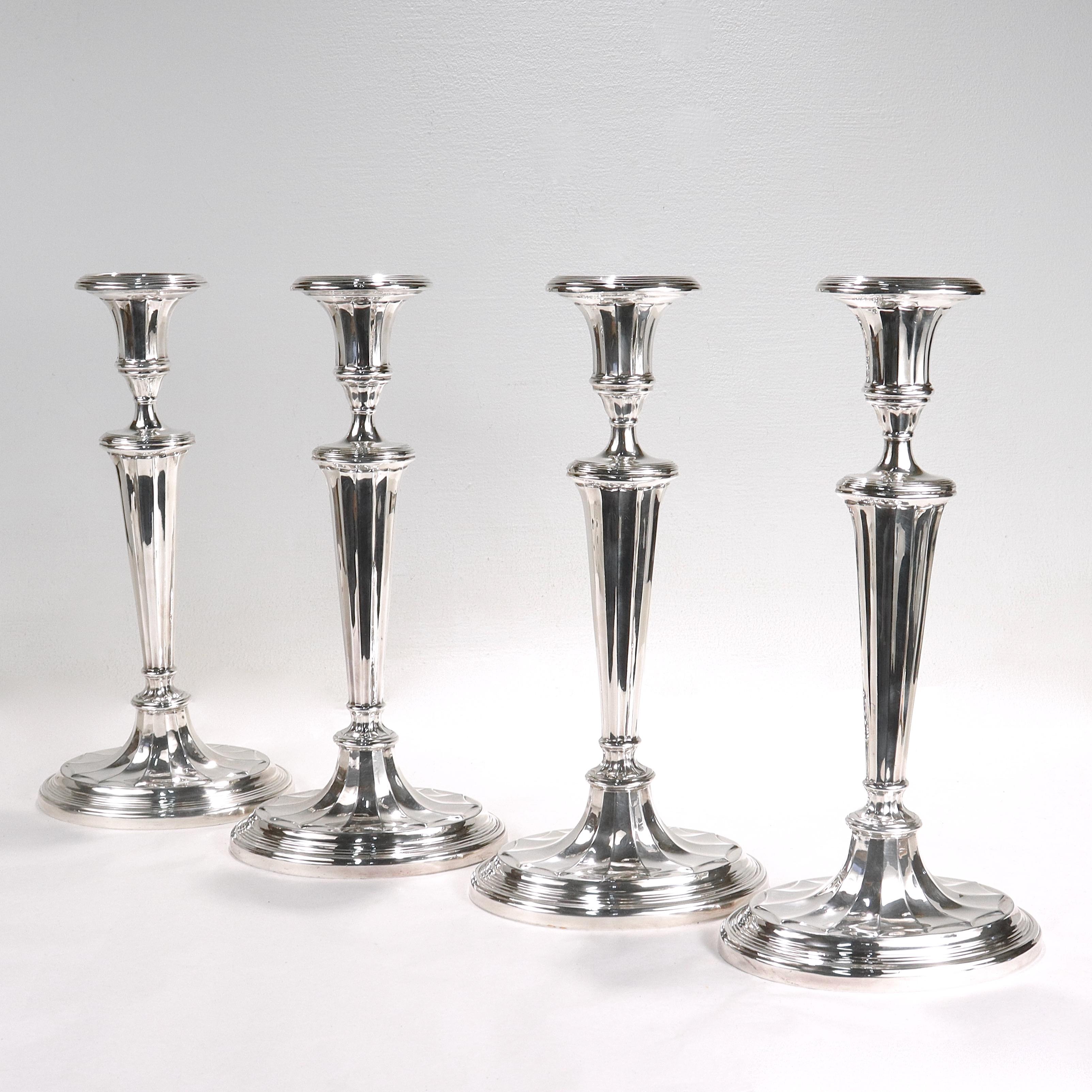 Modern Set of 4 Tall Matched Regency Style Silver Plated Candlesticks For Sale