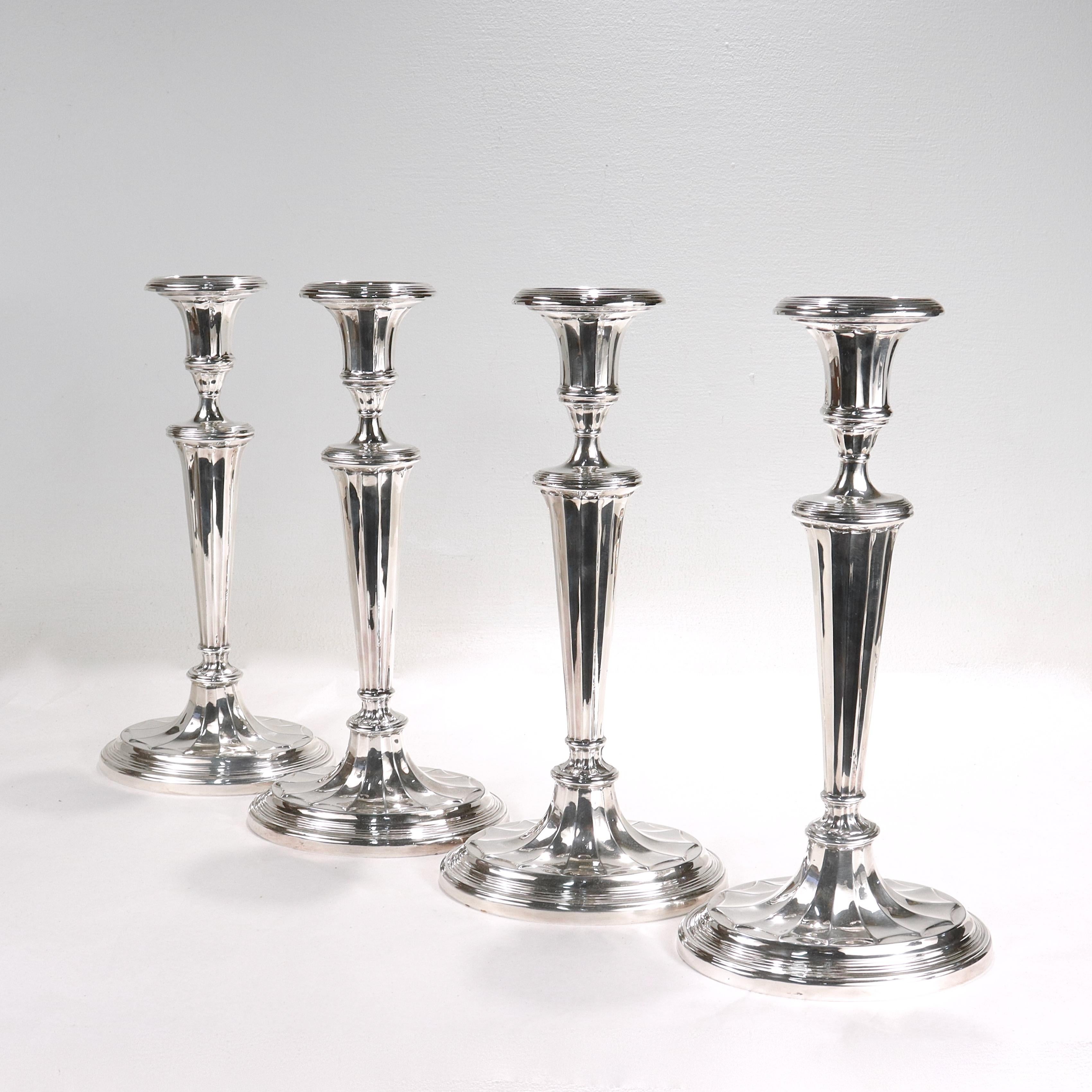 Women's or Men's Set of 4 Tall Matched Regency Style Silver Plated Candlesticks For Sale