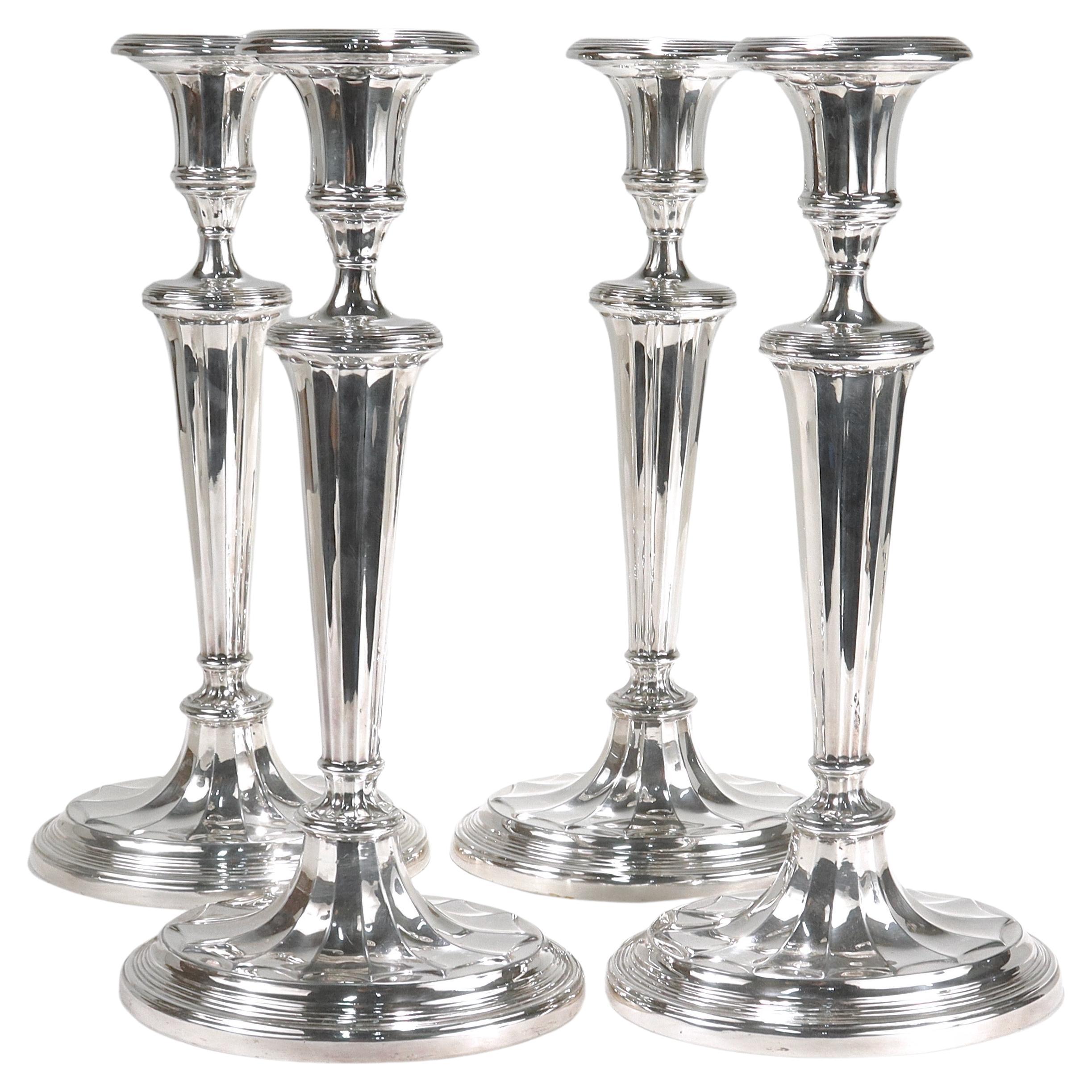 Set of 4 Tall Matched Regency Style Silver Plated Candlesticks For Sale