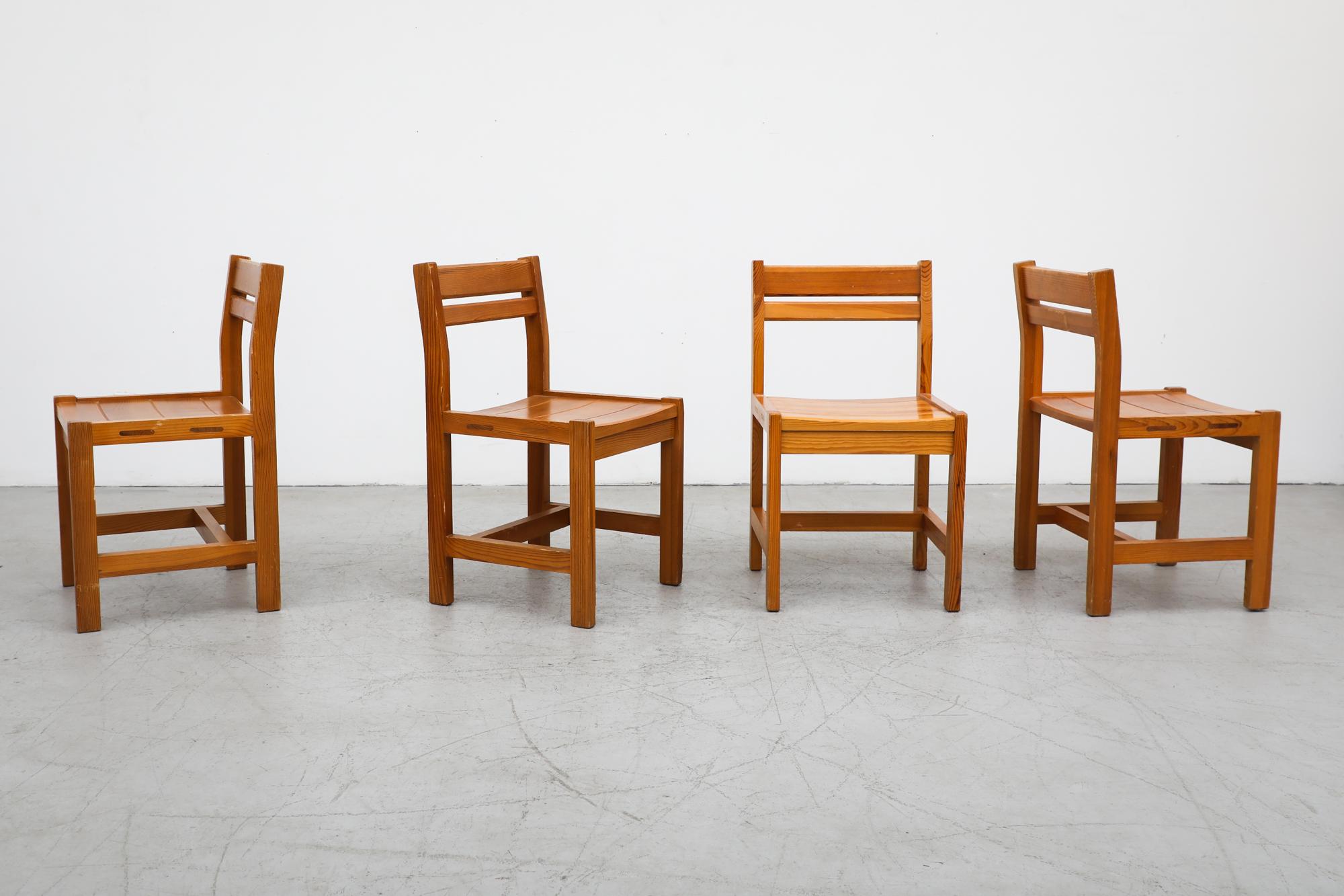Set of 4 Tapiovaara Inspired Slatted Pine Dining Chairs by Lundia w/ Cube Frames For Sale 5