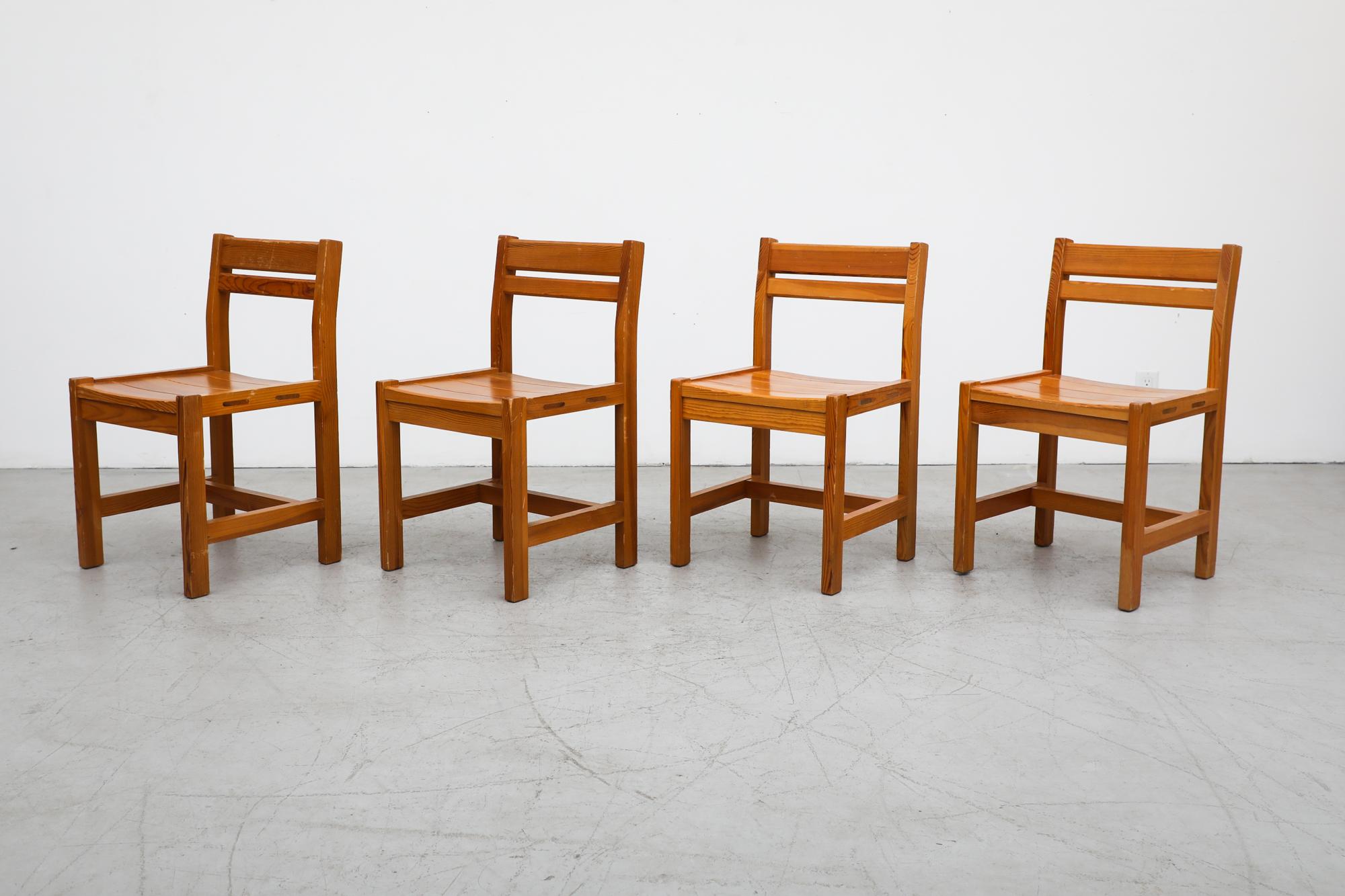 Set of 4 Tapiovaara Inspired Lundia pine chairs with beautiful grain, cube shaped frame with slightly angled, comfortable backrests. These chairs are in original condition with visible wear, including some light scratches, consistent with their age