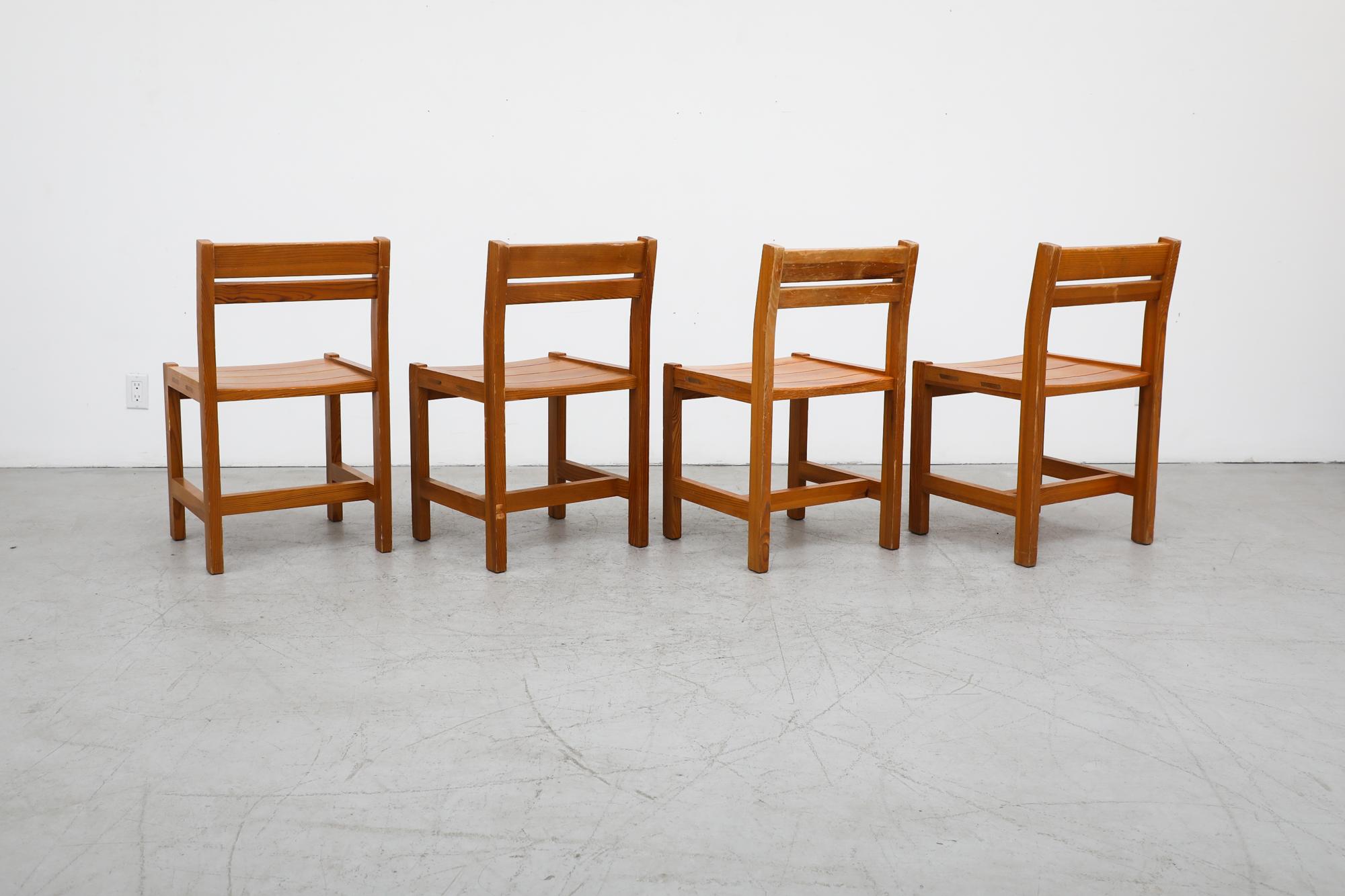 Mid-Century Modern Set of 4 Tapiovaara Inspired Slatted Pine Dining Chairs by Lundia w/ Cube Frames For Sale