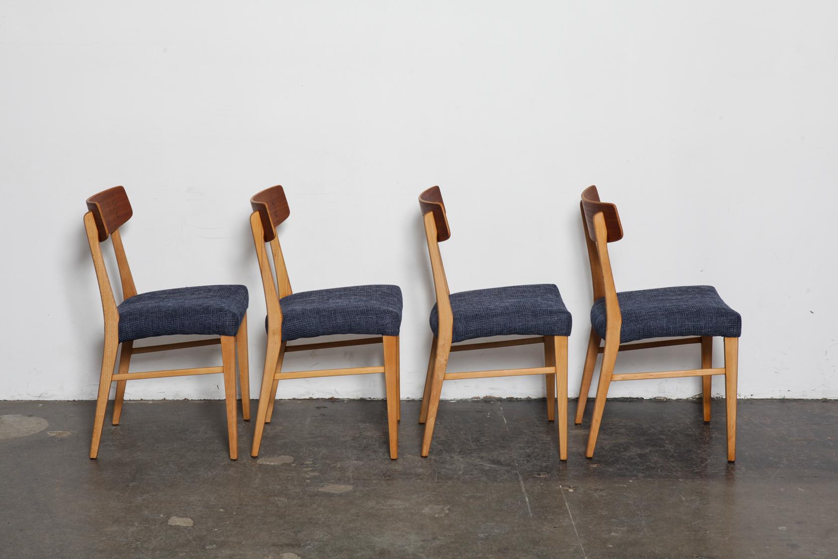 Mid-Century Modern Set of 4 Teak and Beech 1950s Danish Modern Dining Chairs with Navy Seats