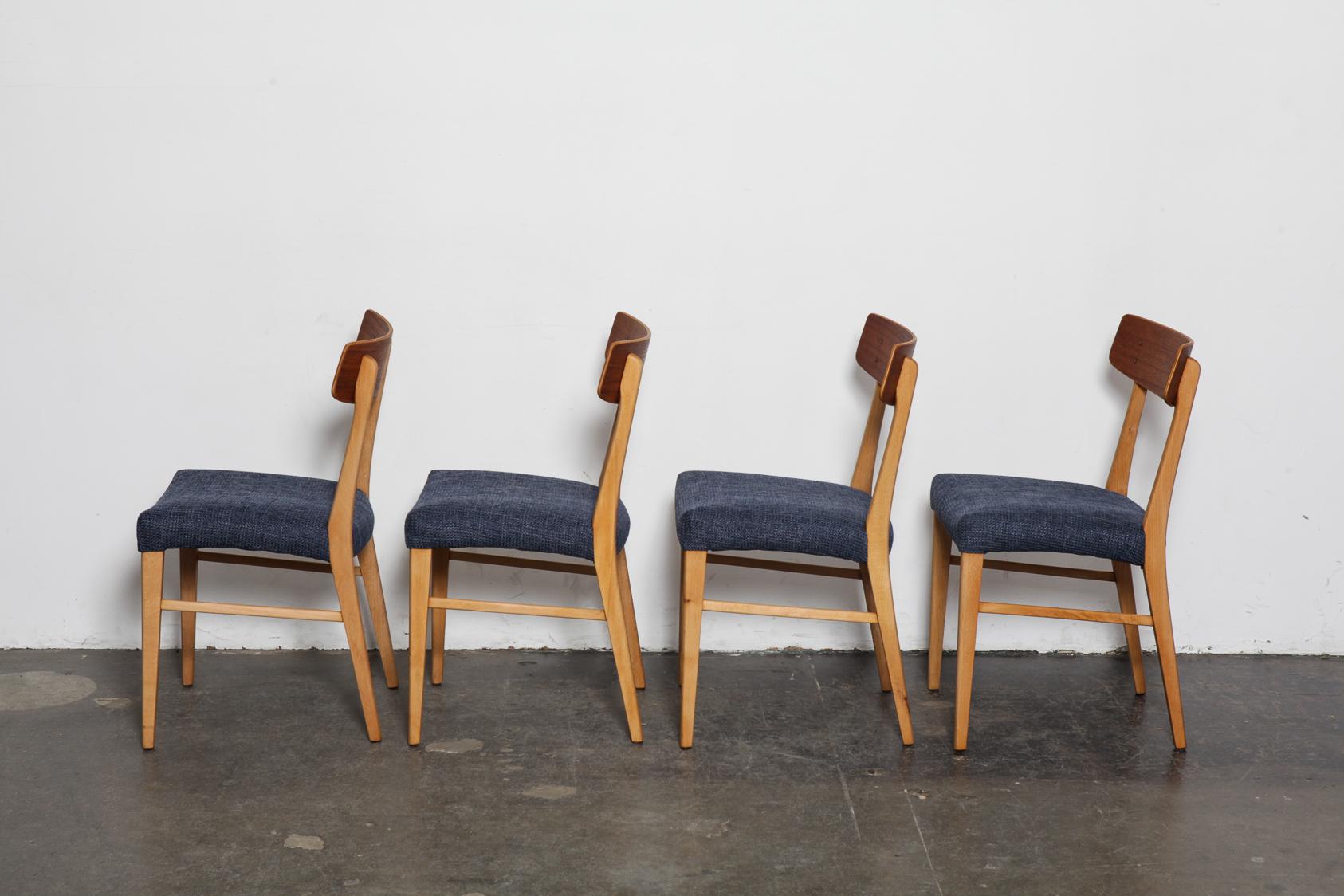 Oiled Set of 4 Teak and Beech 1950s Danish Modern Dining Chairs with Navy Seats