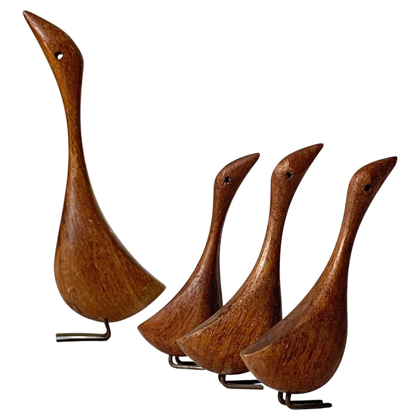Set of 4 Teak Bird Sculptures in the Style of Jacob Hermann circa 1950s
