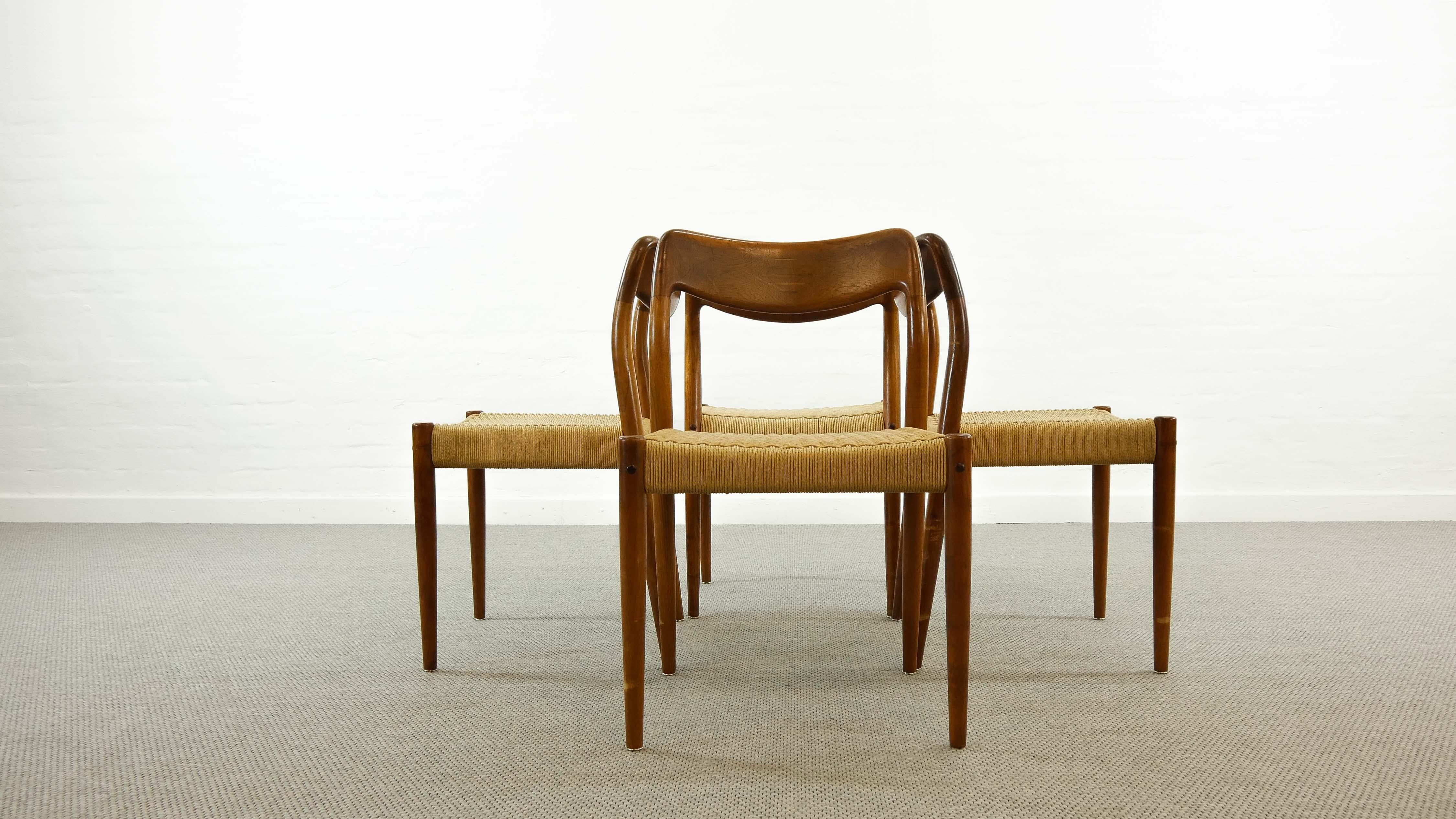 Mid-20th Century Set of 4 Teak Chairs with Papercord Seat by Johannes Andersen for Uldum, Denmark