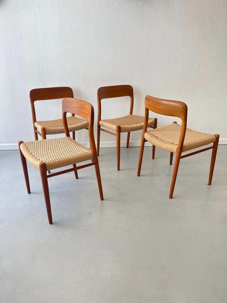 Set of 4 vintag teak and brand new papercord dining chairs model 75 by Neils O. Møller produced by J.L. Møllers Mobelfabrik in Denmark ca. 1960s
Signed with manufacturer stamp under the seat.

