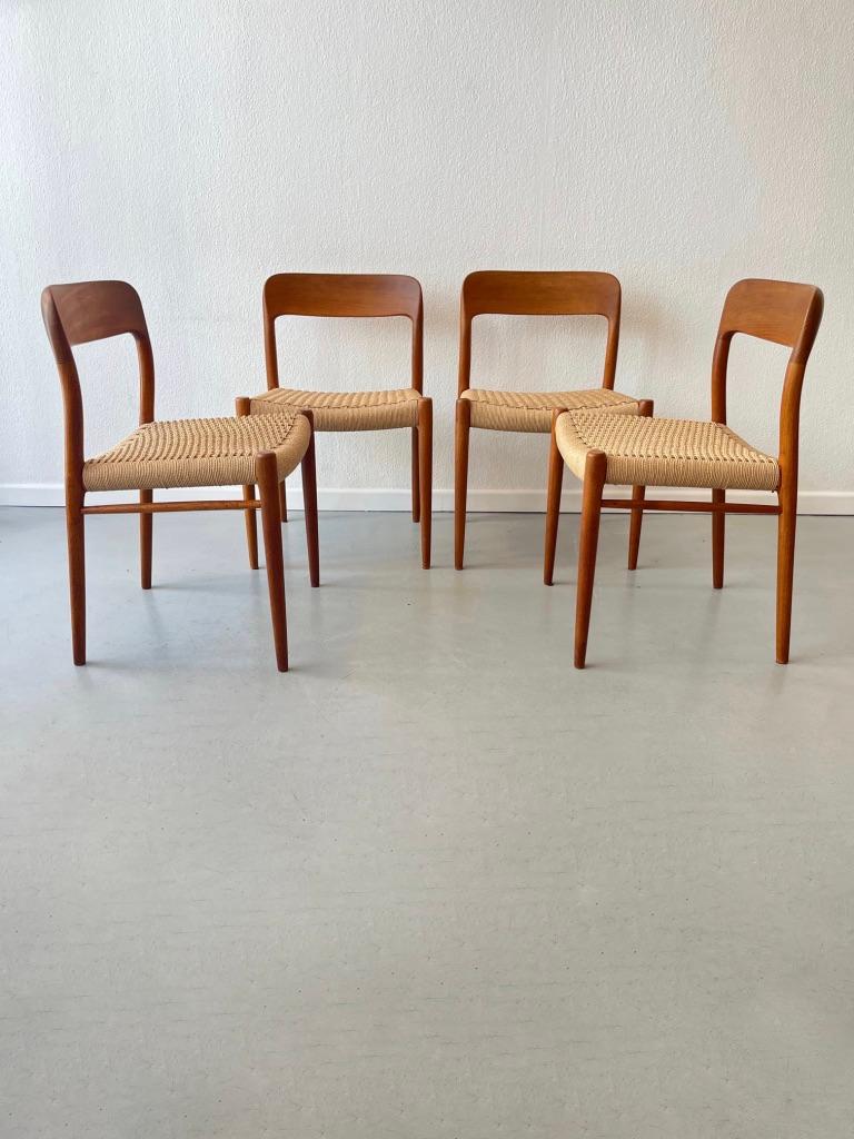 Scandinavian Modern Set of 4 Teak & Cord Dining Chairs by Niels Møller, Denmark ca. 1960s