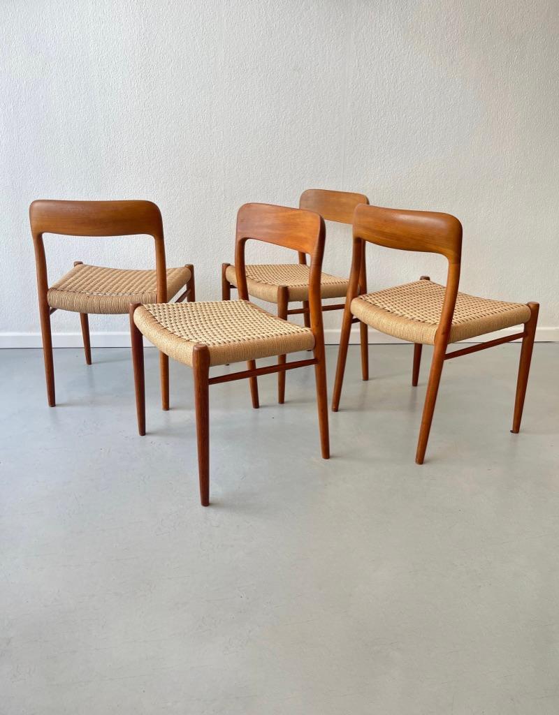 Mid-20th Century Set of 4 Teak & Cord Dining Chairs by Niels Møller, Denmark ca. 1960s