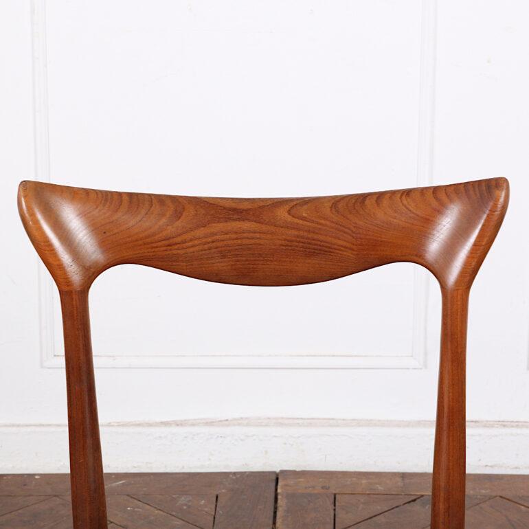 Carved solid teak Mid-Century Modern dining chairs from Denmark (purchased in France) made by Henry Walter Klein for Bramin. C.1960.