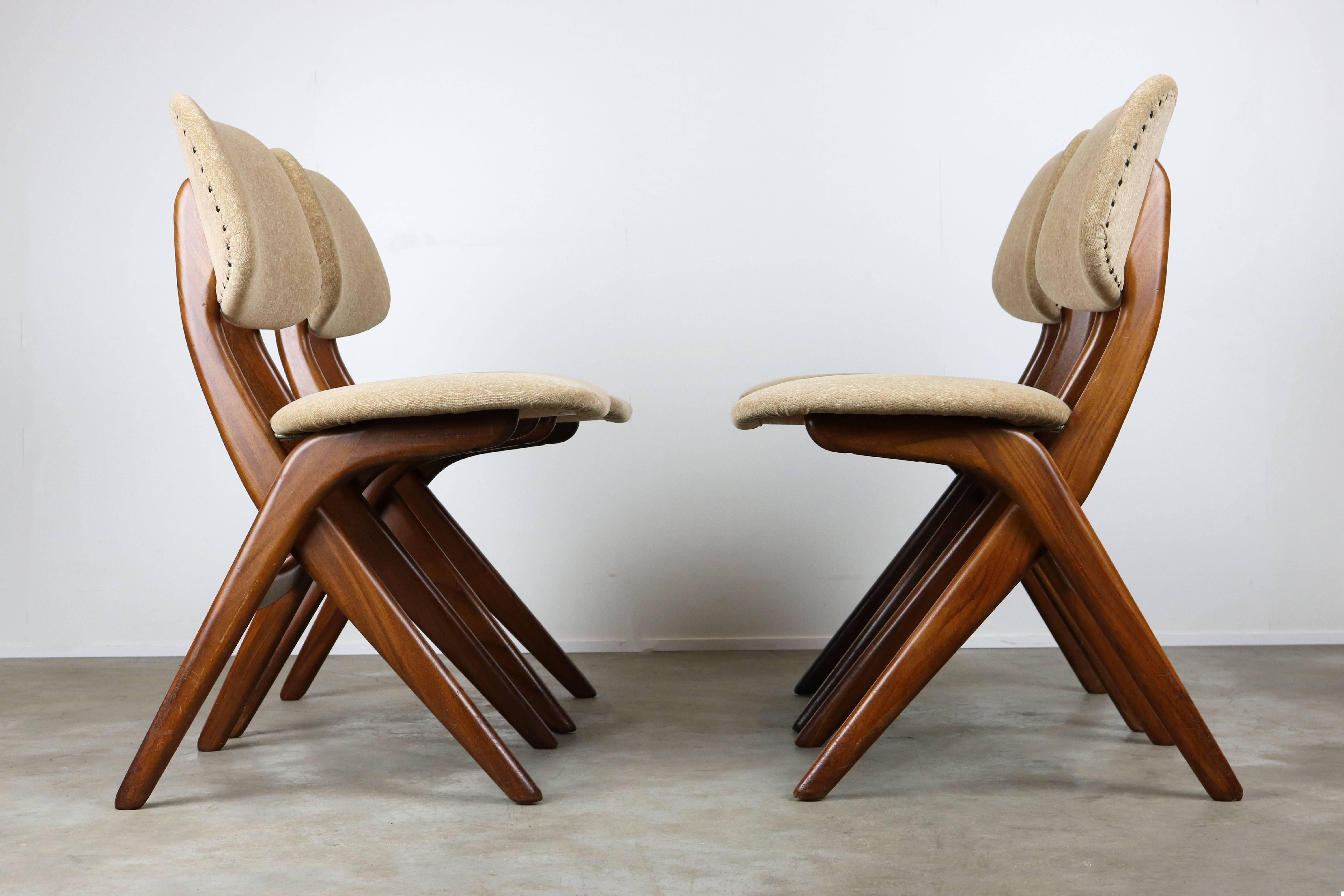 Mid-Century Modern Set of Four Teak Pelican Dining Chairs, Louis Van Teeffelen for Webe 1960 Brown