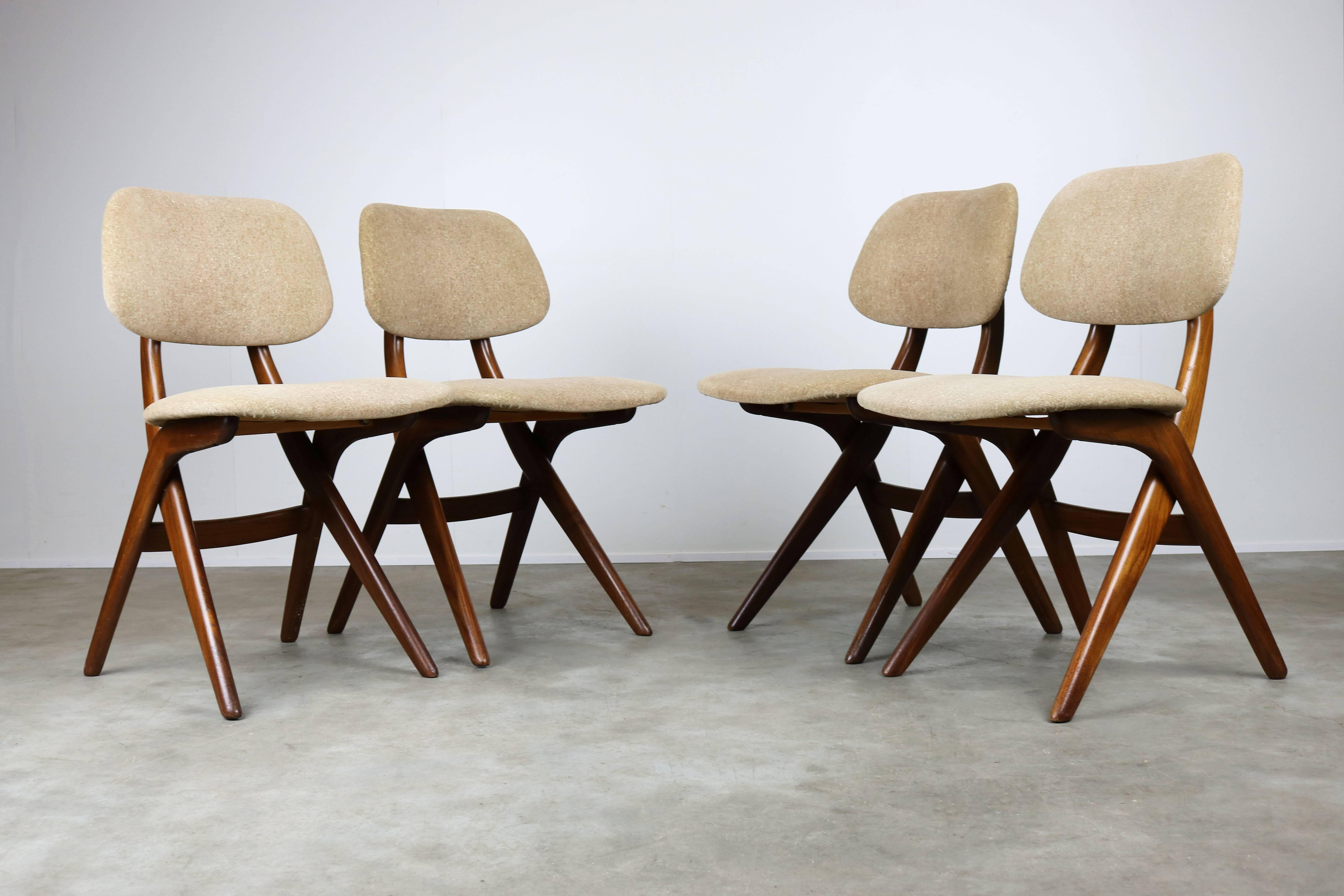 Dutch Set of Four Teak Pelican Dining Chairs, Louis Van Teeffelen for Webe 1960 Brown