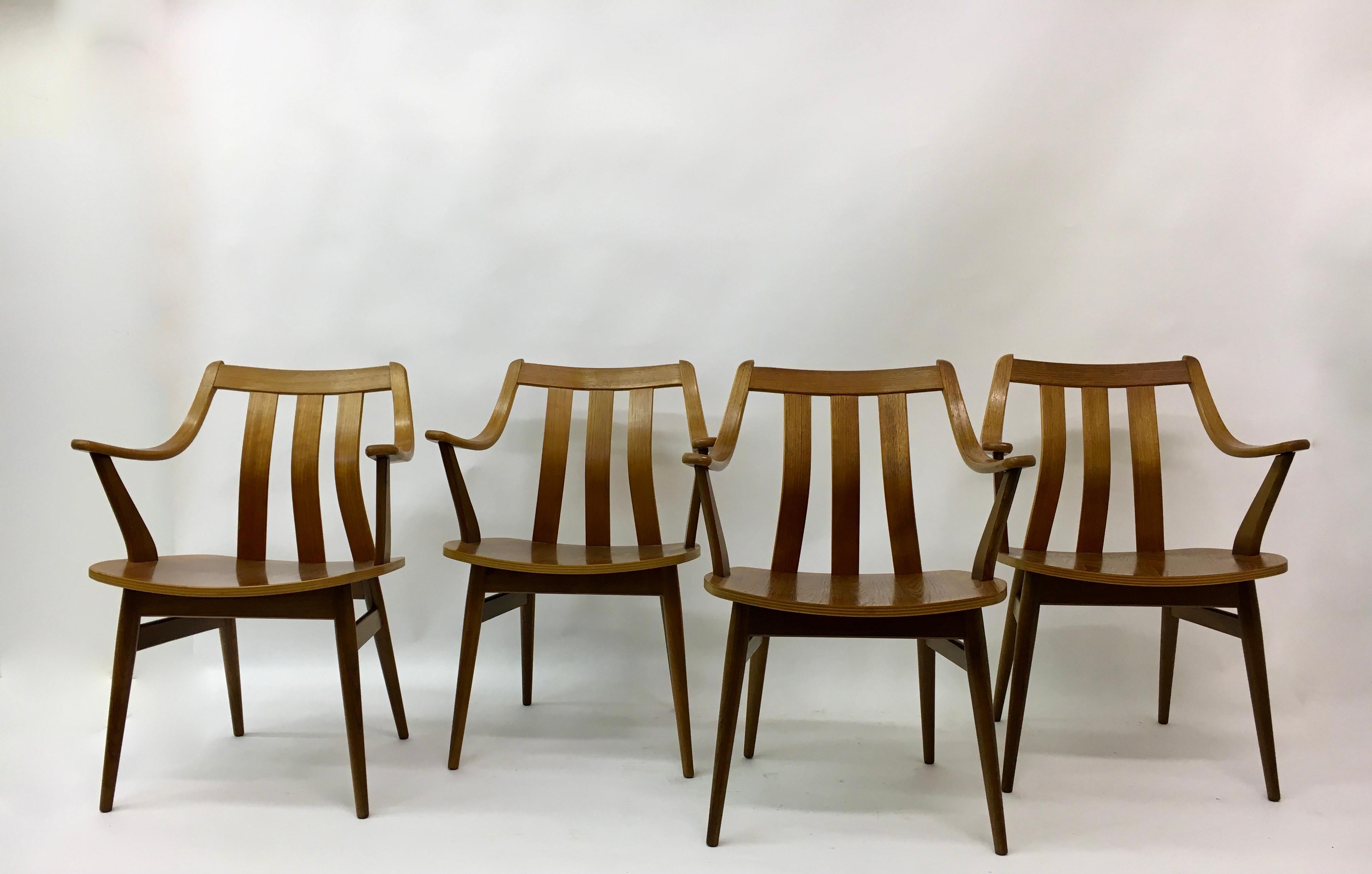 Mid-Century Modern Set of  4 teak plywood dining chairs Attr. Pastoe , 1960’s For Sale