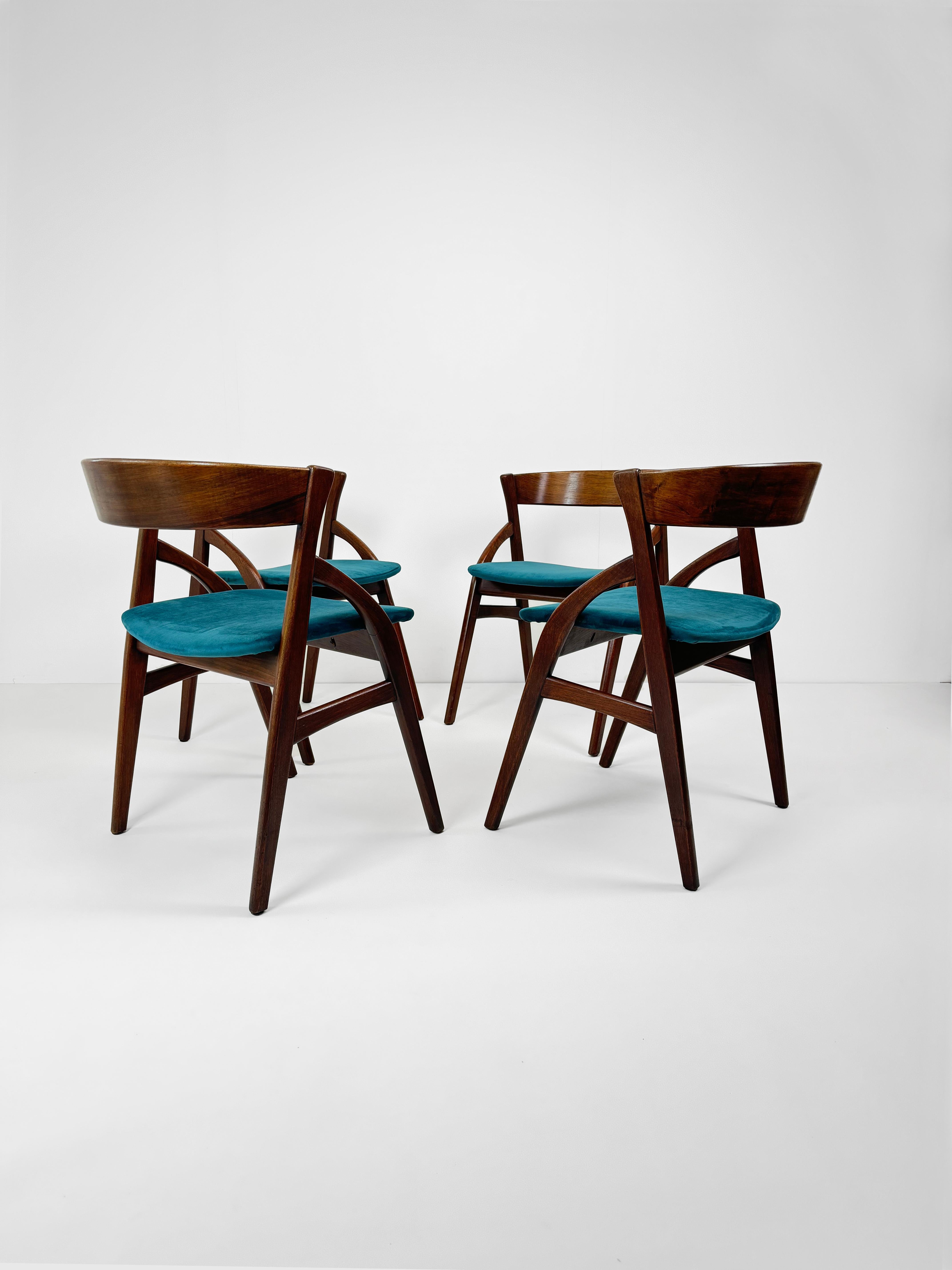 Mid-Century Modern Set of 4 Teak & Velvet Dining Chairs, by Dyrlund Model 141, Denmark 1960's