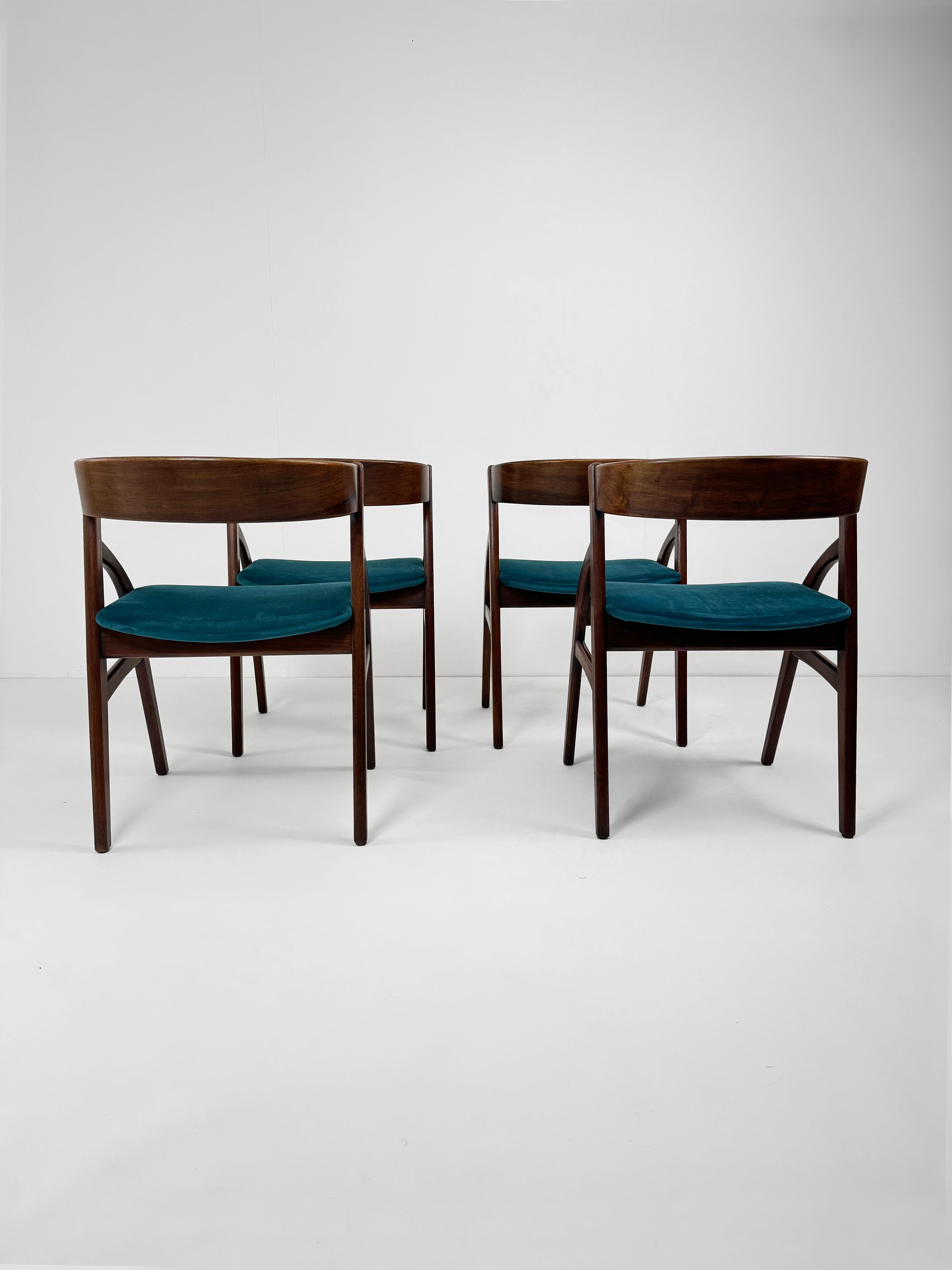 Polished Set of 4 Teak & Velvet Dining Chairs, by Dyrlund Model 141, Denmark 1960's