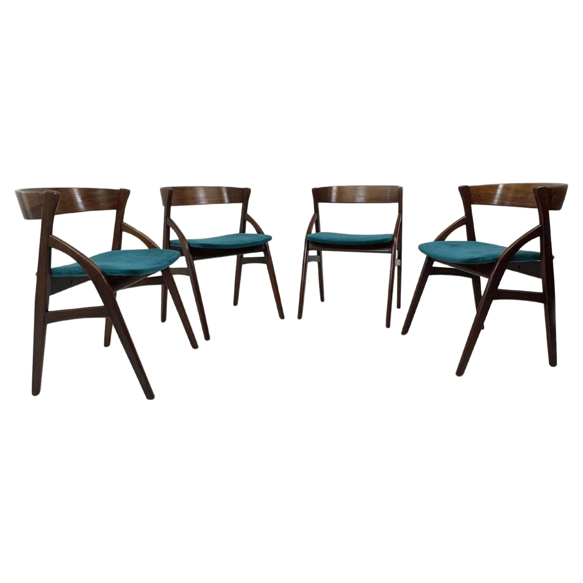 Set of 4 Teak & Velvet Dining Chairs, by Dyrlund Model 141, Denmark 1960's