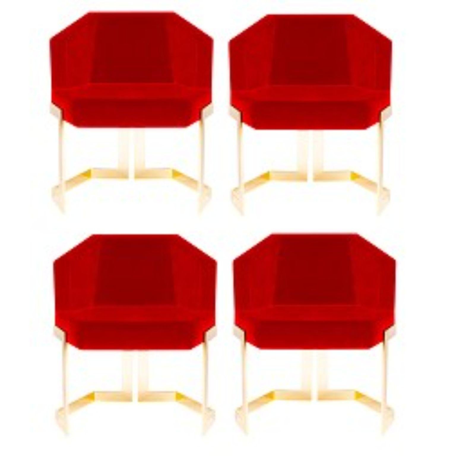 Set of 4 the hive dining chairs, Royal Stranger.
Dimensions: 65.5 x 55 x 79 cm
Materials: Velvet. Legs polished brass.


A chair with an extremely luxurious vision. The Hive chair, as the name implies, is strong and robust in nature, its