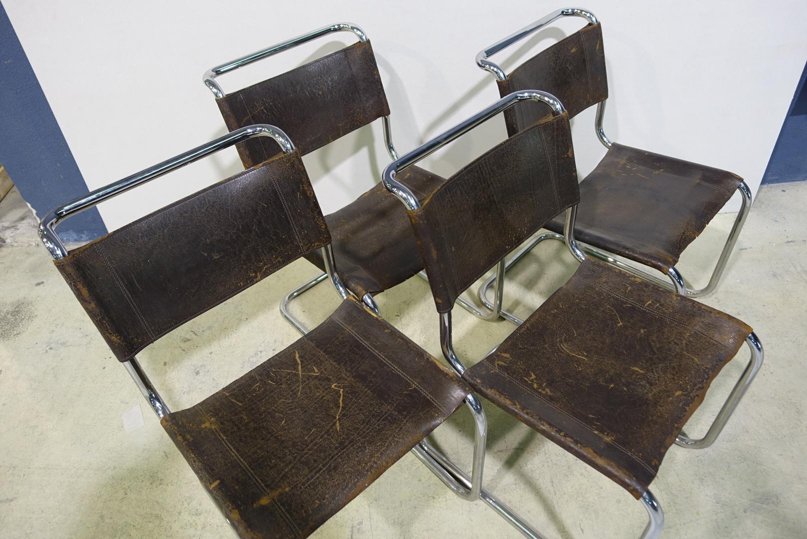 Set of 4 Thonet S33 Buffalo Leather Chromed Dining Chairs by Mart Stam, 1926 (Bauhaus)