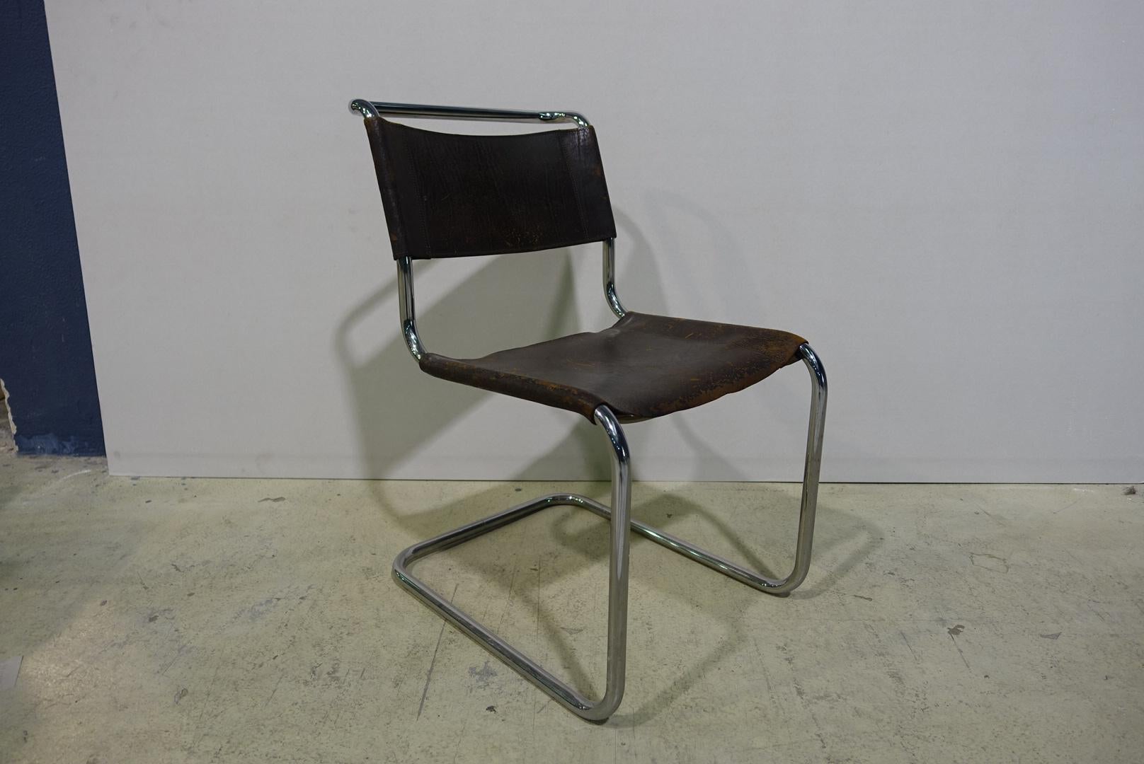 German Set of 4 Thonet S33 Buffalo Leather Chromed Dining Chairs by Mart Stam, 1926