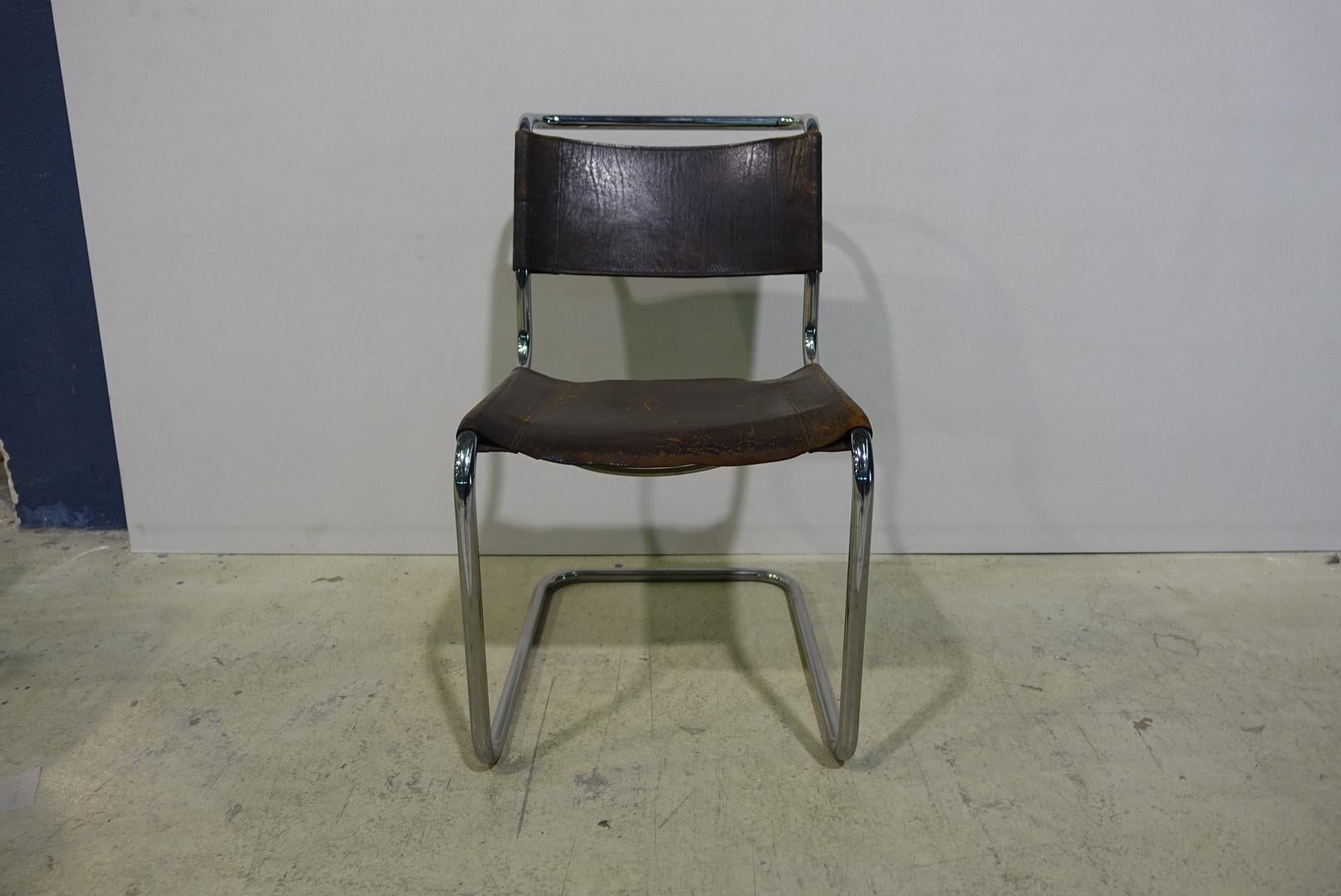 Plated Set of 4 Thonet S33 Buffalo Leather Chromed Dining Chairs by Mart Stam, 1926