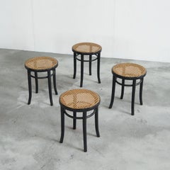 Set of 4 Thonet Style Stools in Lacquered Wood and Webbing 1970s