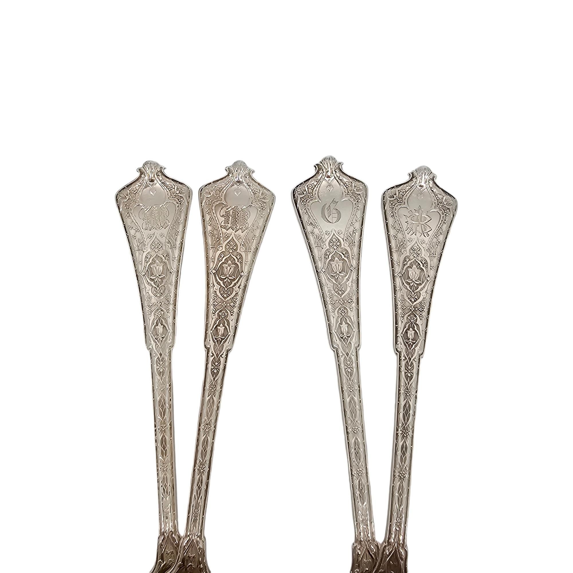 Women's or Men's Set of 4 Tiffany & Co Persian Sterling Silver Teaspoons w/Monos 6 1/8