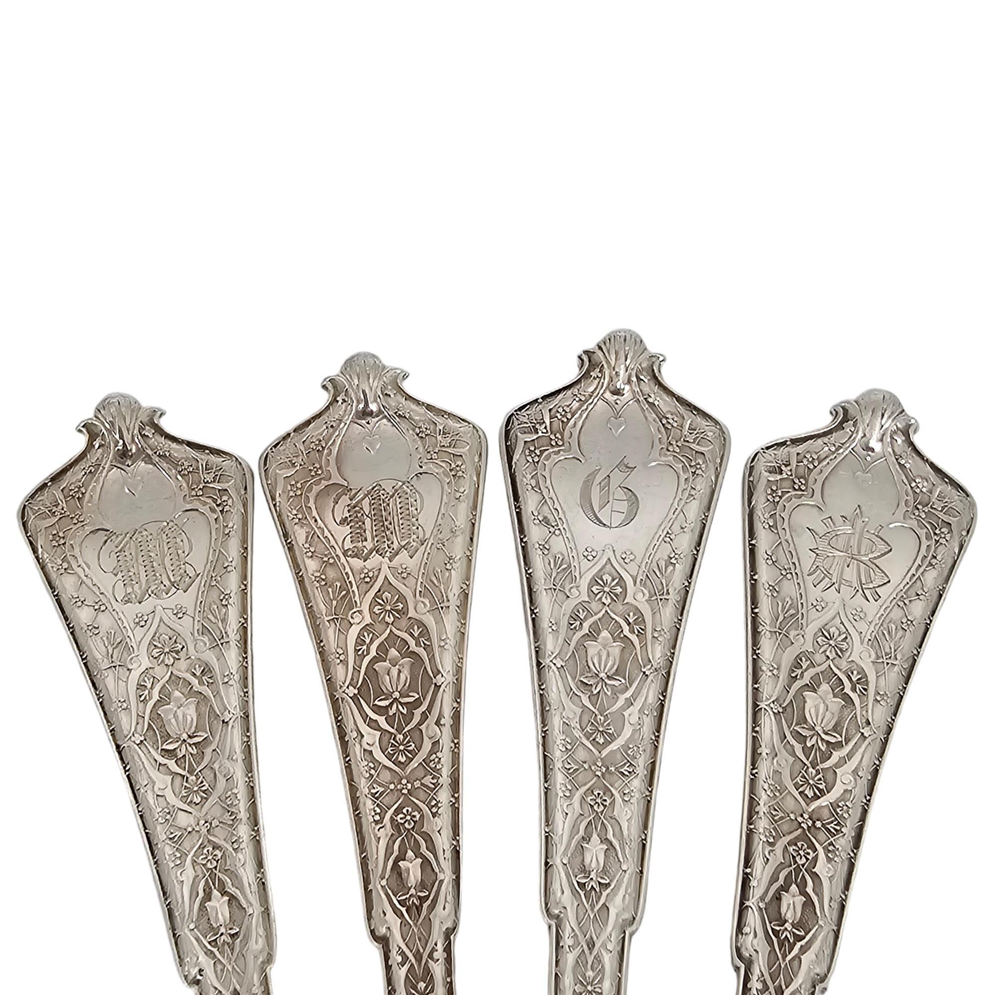 Set of 4 Tiffany & Co Persian Sterling Silver Teaspoons w/Monos 6 1/8