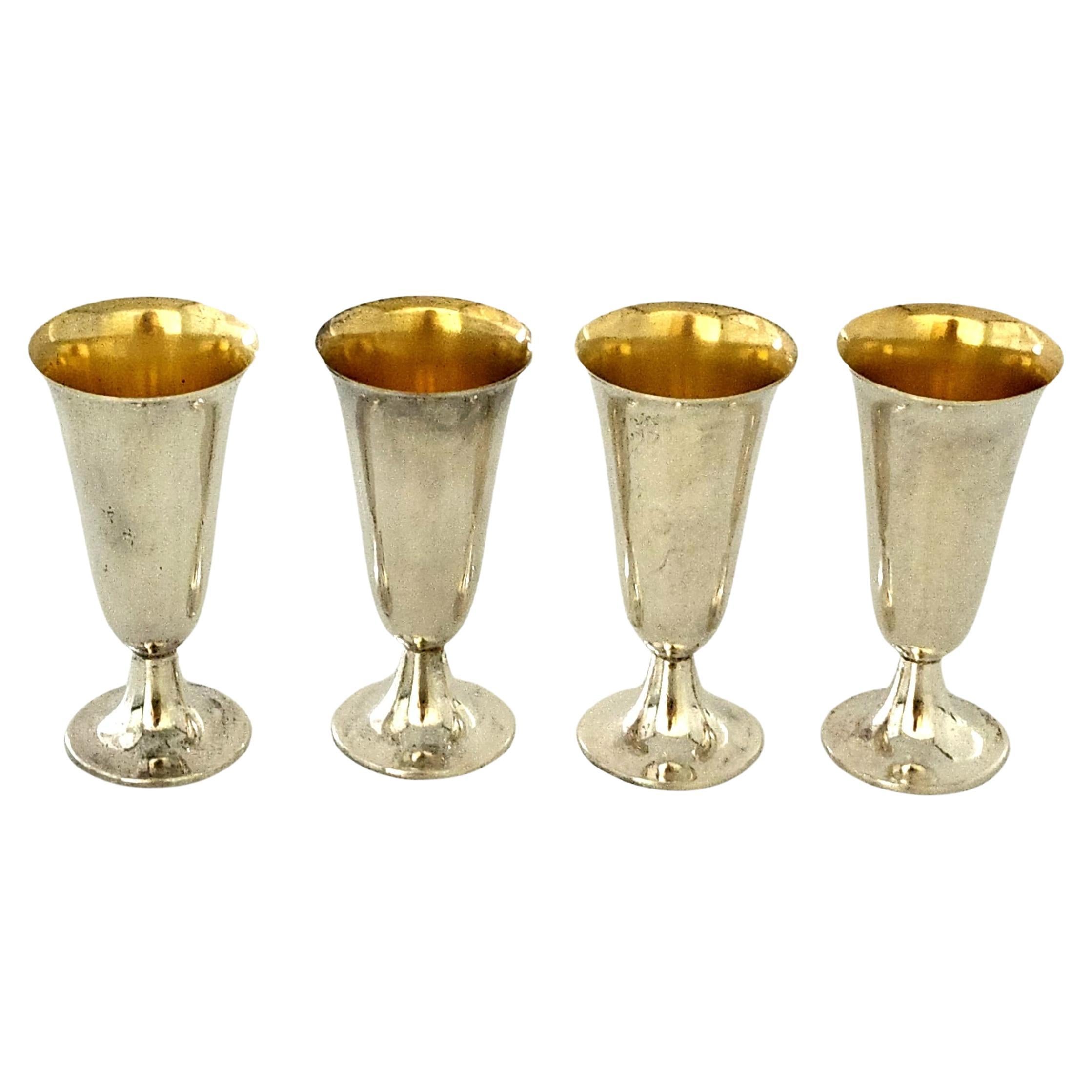 Set of 4 Tiffany & Co Sterling Silver Gold Wash Interior Cordial Cups
