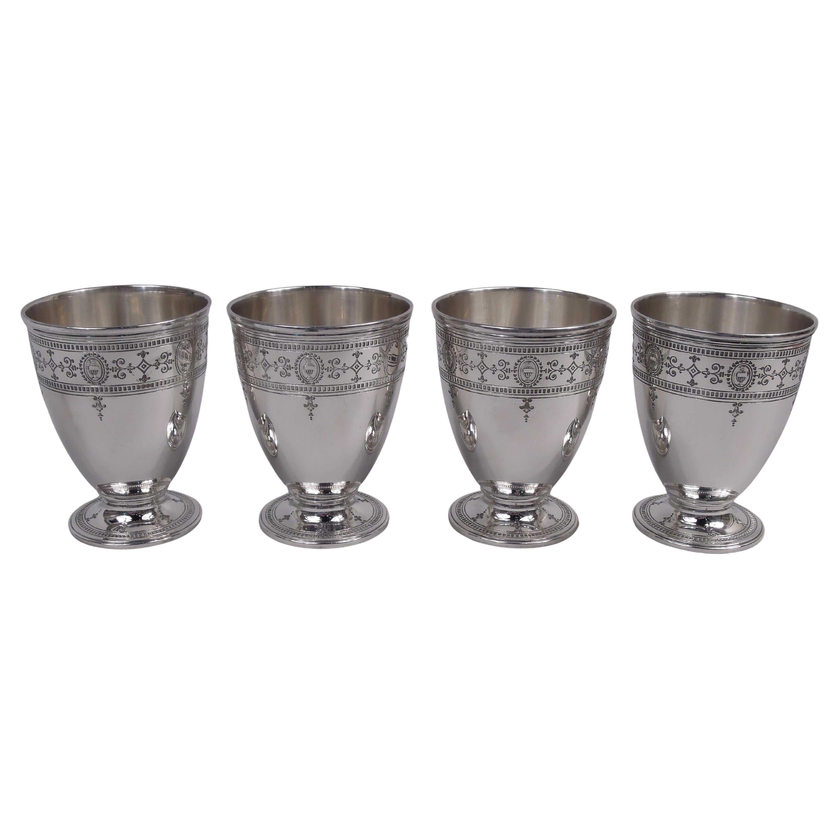 Set of 4 Tiffany Hamilton Engraved Sterling Silver Goblets For Sale
