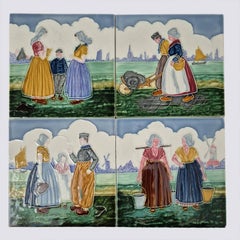 Set of 4 Tiles with Farmers, by S.A. Faienceries de Bouffioulx, 1930s