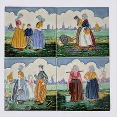 Set of 4 Tiles with Farmers, by S.A. Faienceries de Bouffioulx, 1930s