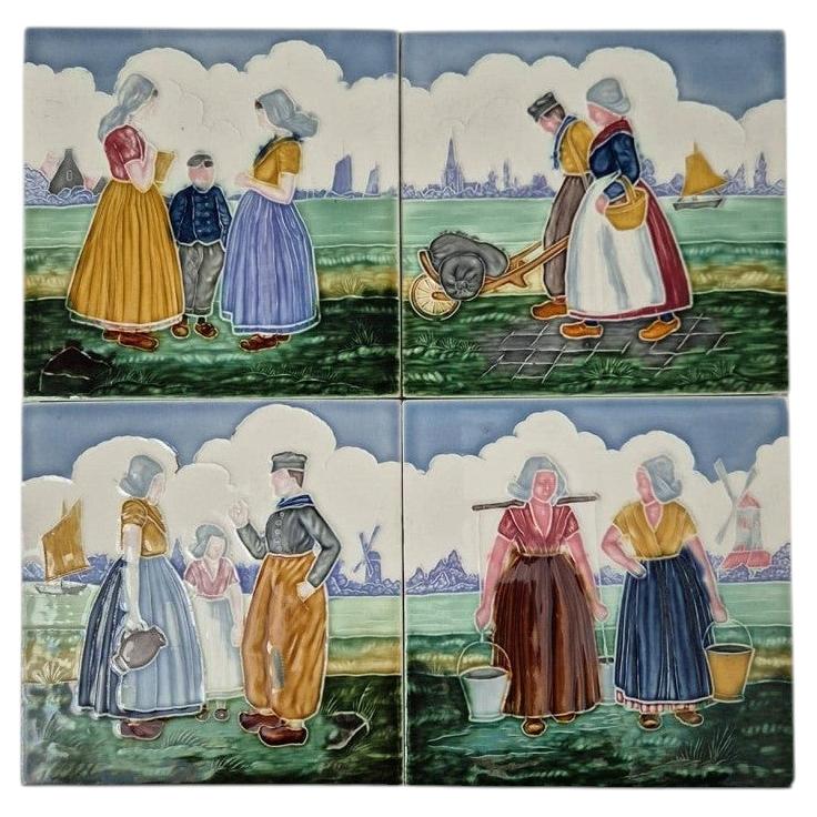 Set of 4 Tiles with Farmers, by S.A. Faienceries de Bouffioulx, 1930s