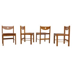 Set of 4 Tobia Scarpa Inspired Brutalist Oak and Brown Leather Dining Chairs