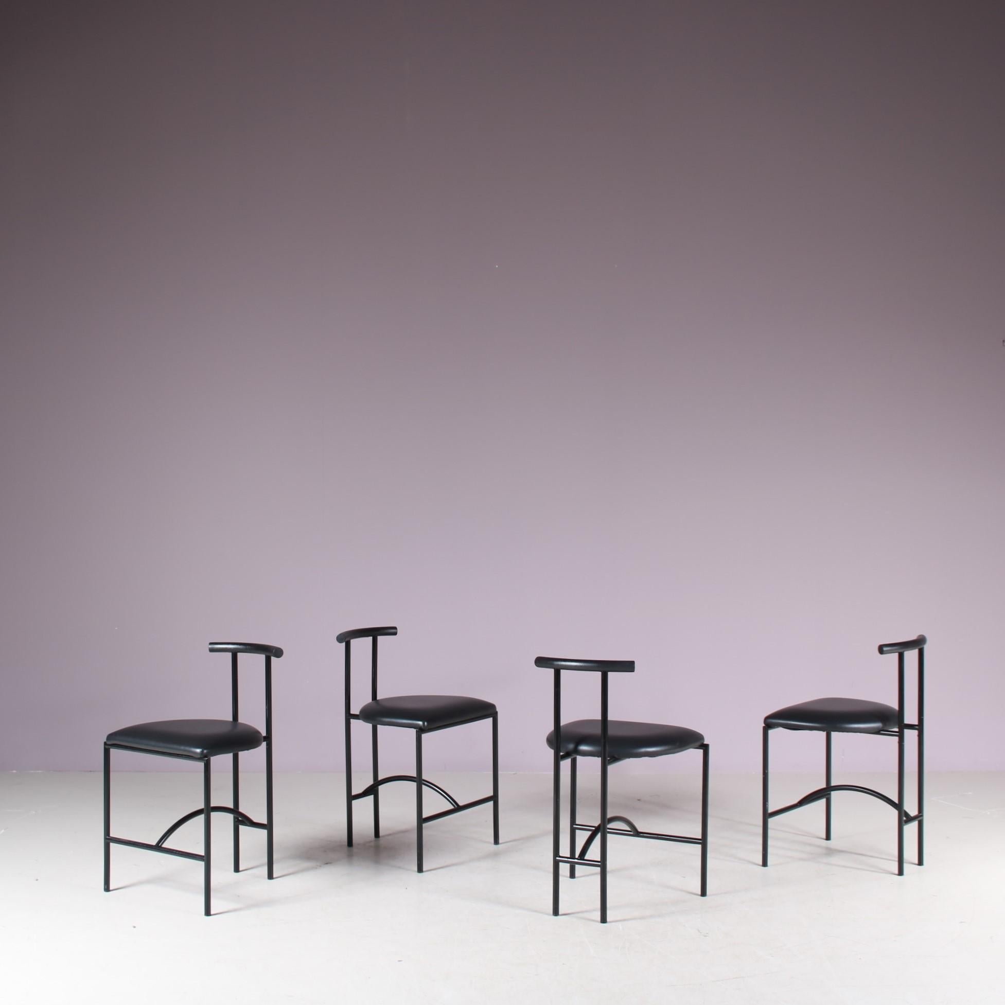 A set of 4 dining chairs, model “Tokyo”, was designed by Rodney Kinsman and manufactured by Bieffeplast in Italy around 1980.

The eye-catching, minimalist design makes it a most elegant addition to the interior! It has a tubular black metal base in