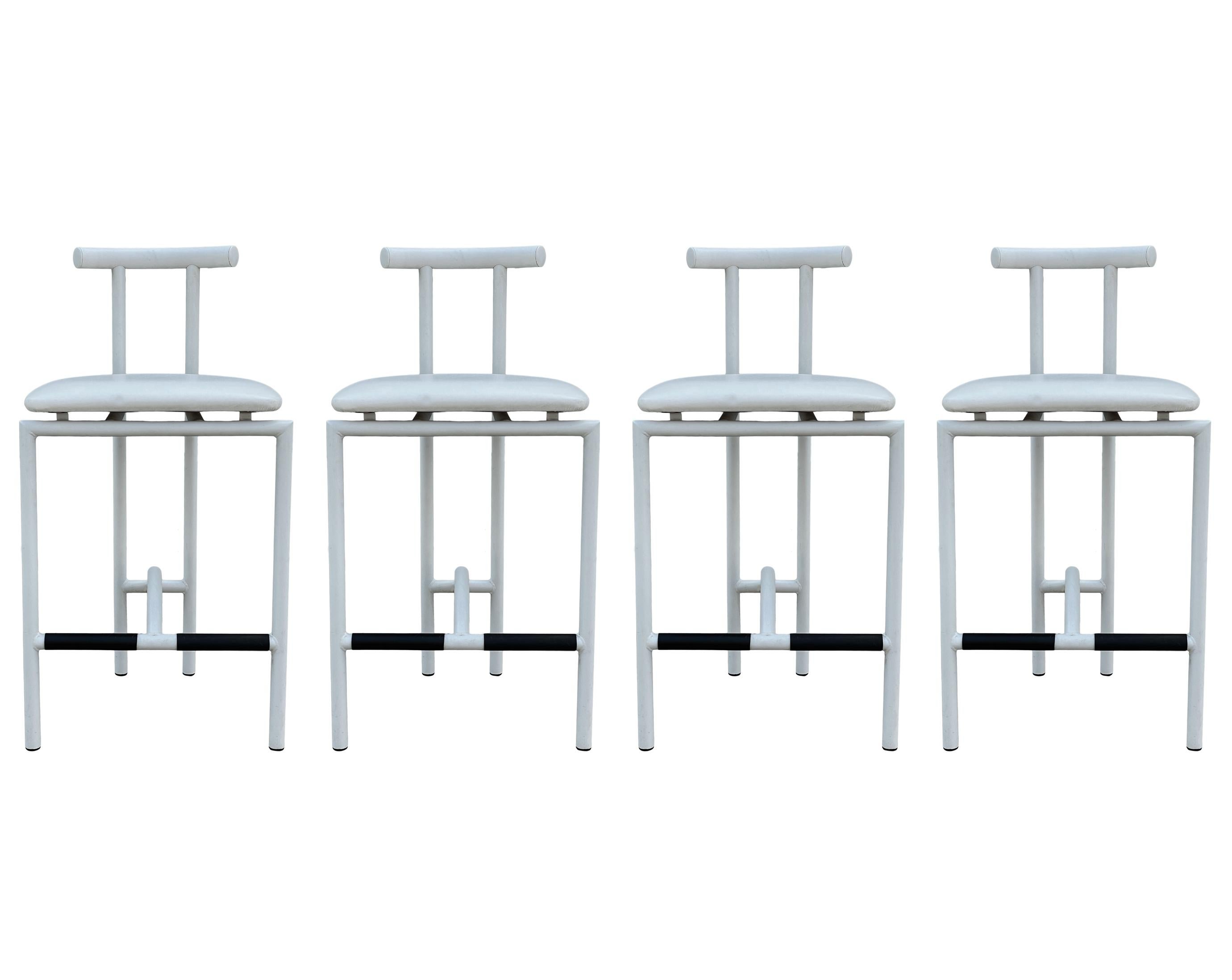 Naugahyde Set of 4 Tokyo Mid Century Post Modern Bar or Counter Stools in White from Italy