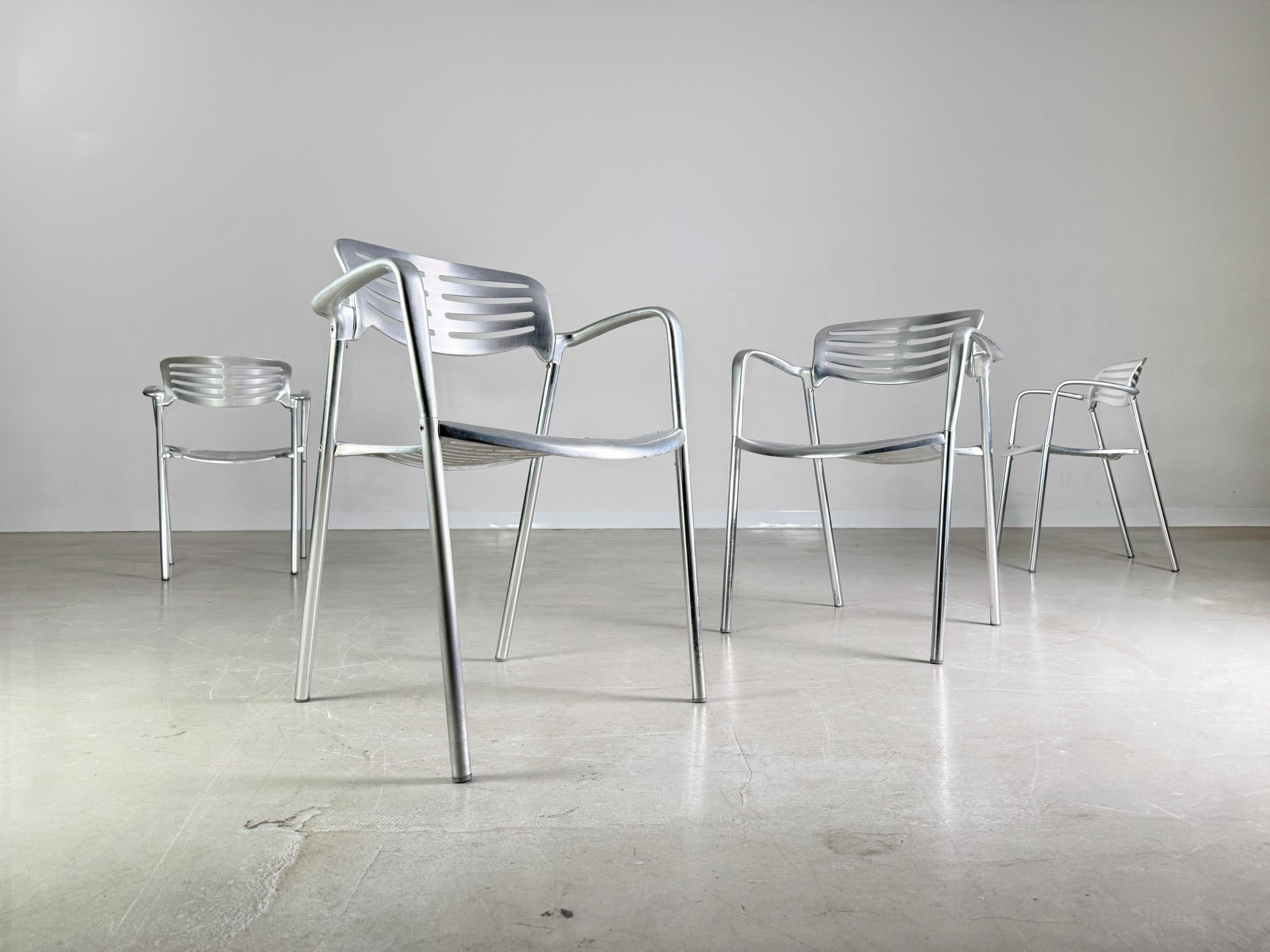 We are offering a beautiful set of 4 “Toledo” chairs from Amat-3 for sale. The chairs were designed by Jorge Pensi, a Spanish designer and architect, and are ideal for outdoor use. They are stackable and offer a high level of seating comfort thanks