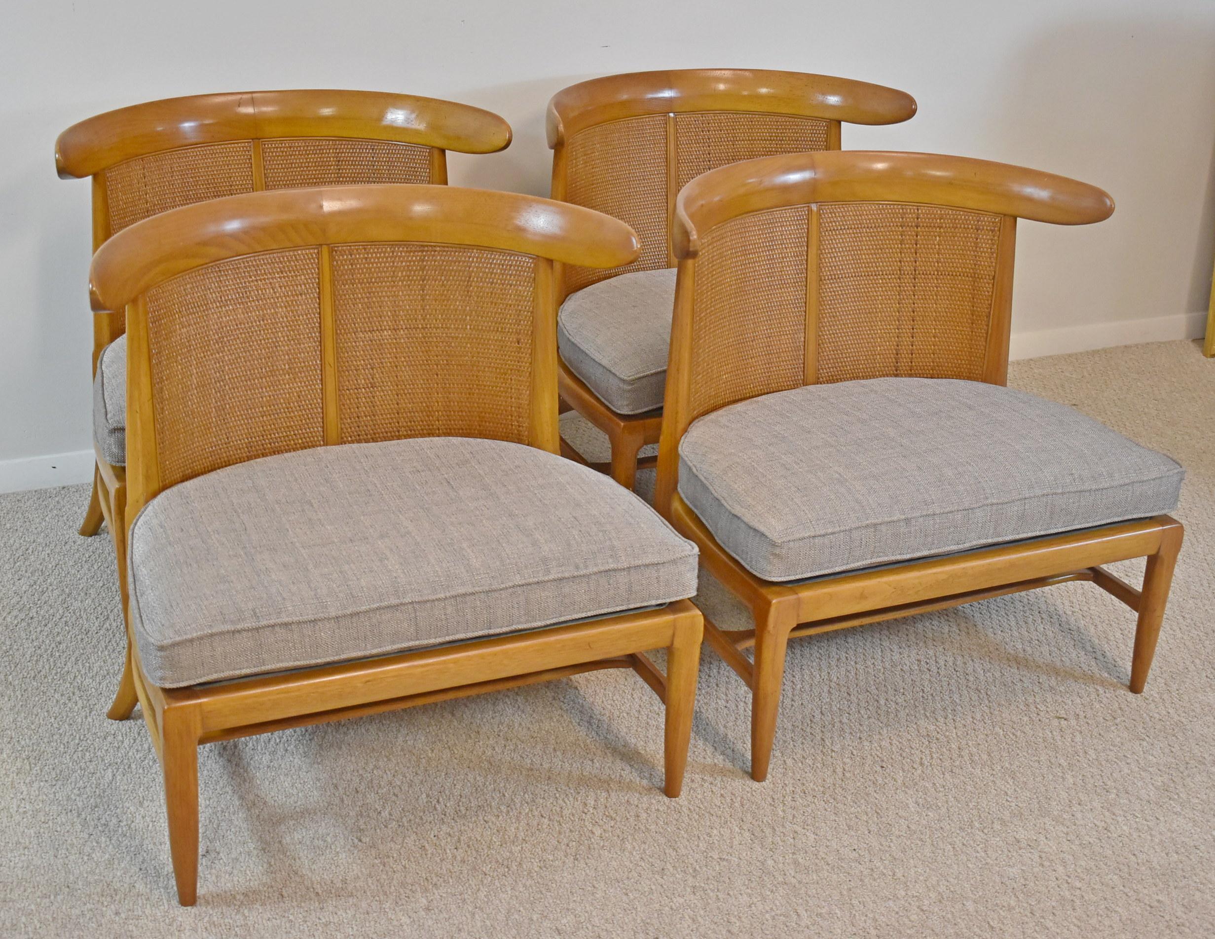 Set of 4 Tomlinson Sophisticate slipper chairs. Elegant chestnut Tomlinson lounge chairs. Caned back with loose seat cushion. Sculptural, wrap around back support. Mid-Century Modern Style. Circa 1950. Good condition. Dimensions: 27