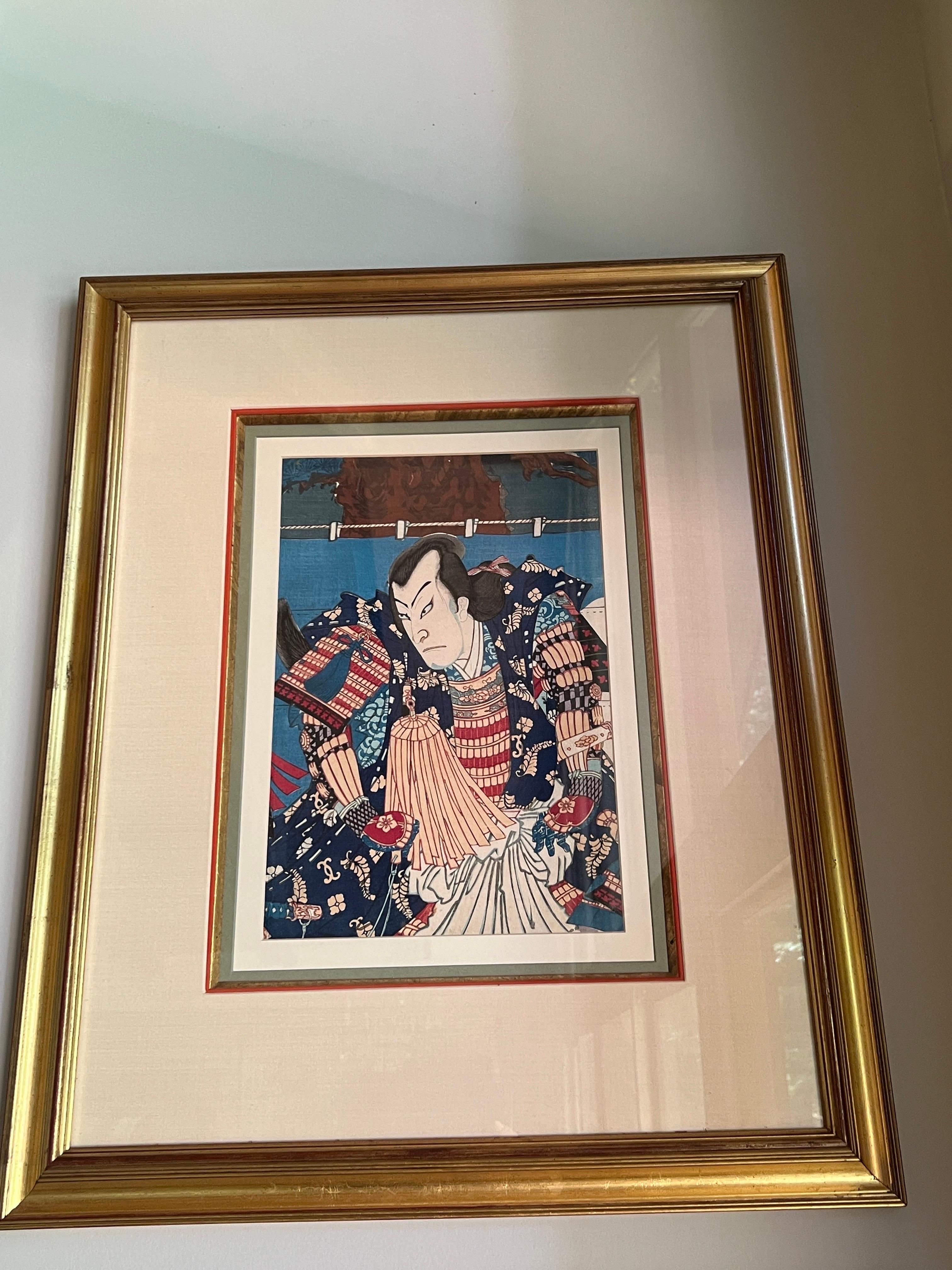 Giltwood Set of 4, Toyohara Kunichika (Japanese 1835-1900) Kabuki Performance Woodblock For Sale