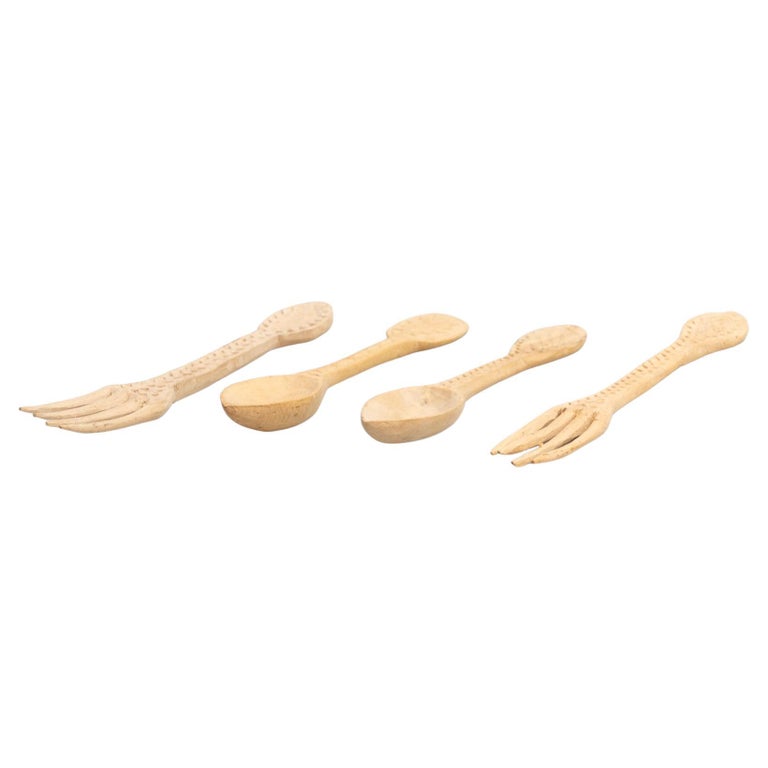 Set of 4 Traditional Wooden Pastoral Primitive Carved Fork and Spoon