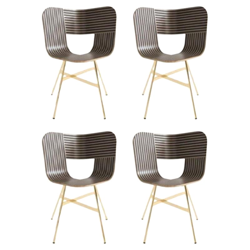 4er Set, Tria Gold Stuhl mit 4 Beinen, gestreifter Sitz Elfenbein und Schwarz von Colé Italia