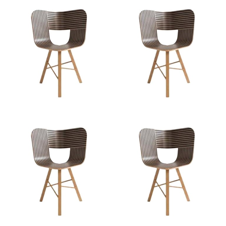 Ensemble de 4 chaises à 3 pieds en bois Tria, assise rayée ivoire et noire par Colé Italia