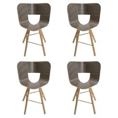 Set di 4 sedie a 4 gambe Tria Wood, seduta a righe avorio e nero di Colé Italia