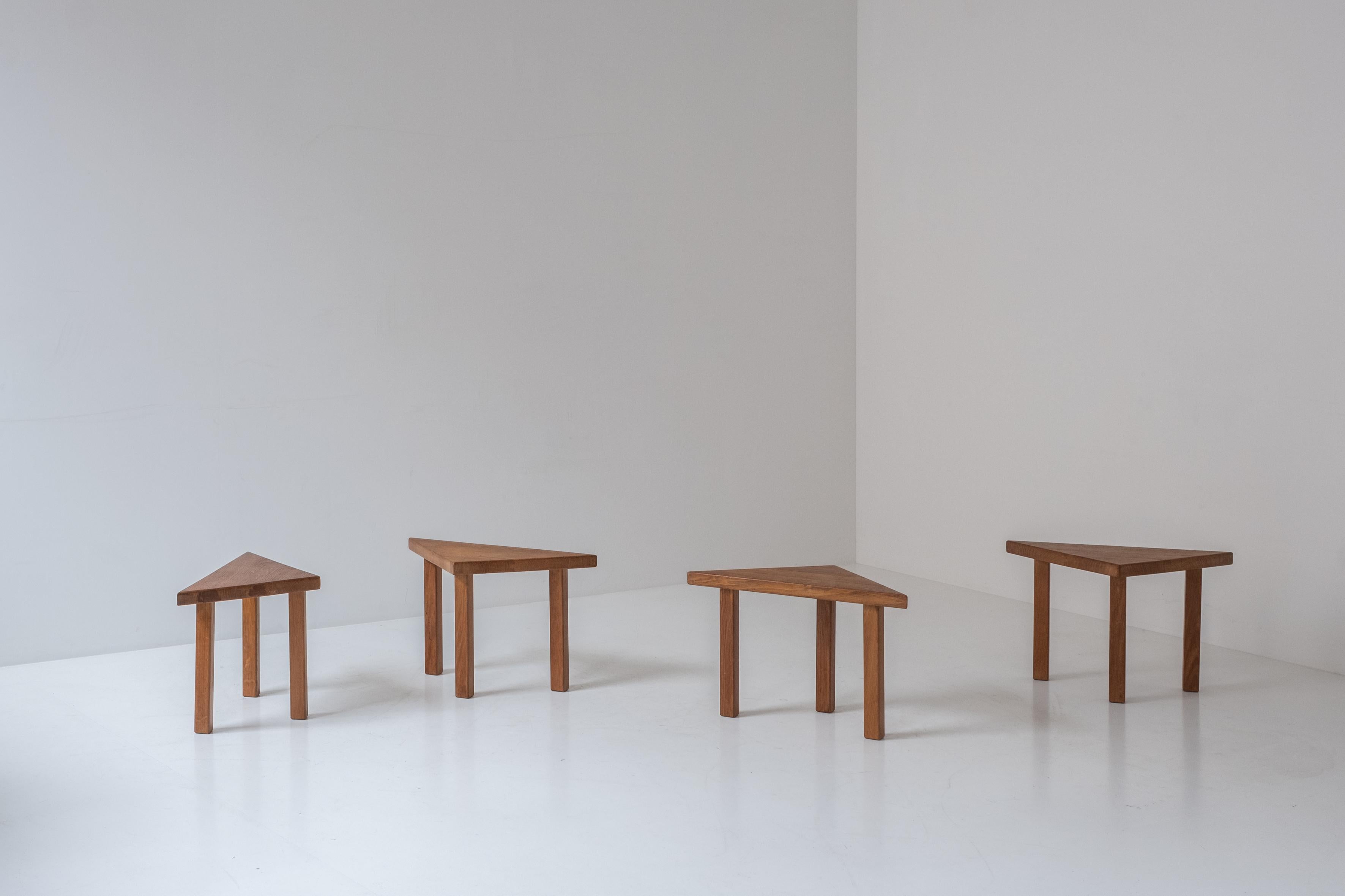Set of 4 triangle shaped oak side tables from the 1960s.  In Good Condition In Antwerp, BE